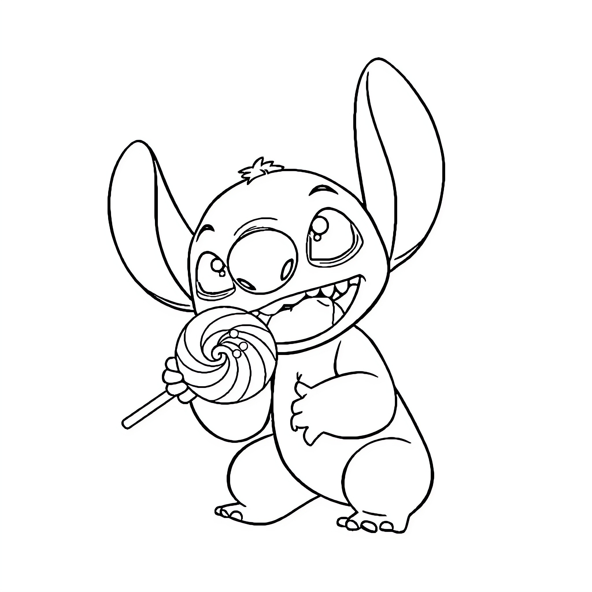 Stitch enjoying a lollipop Coloring Page (free black-and-white line drawing printable PDF for all, from beginners to advanced learners, including children, teens, adults, and seniors)