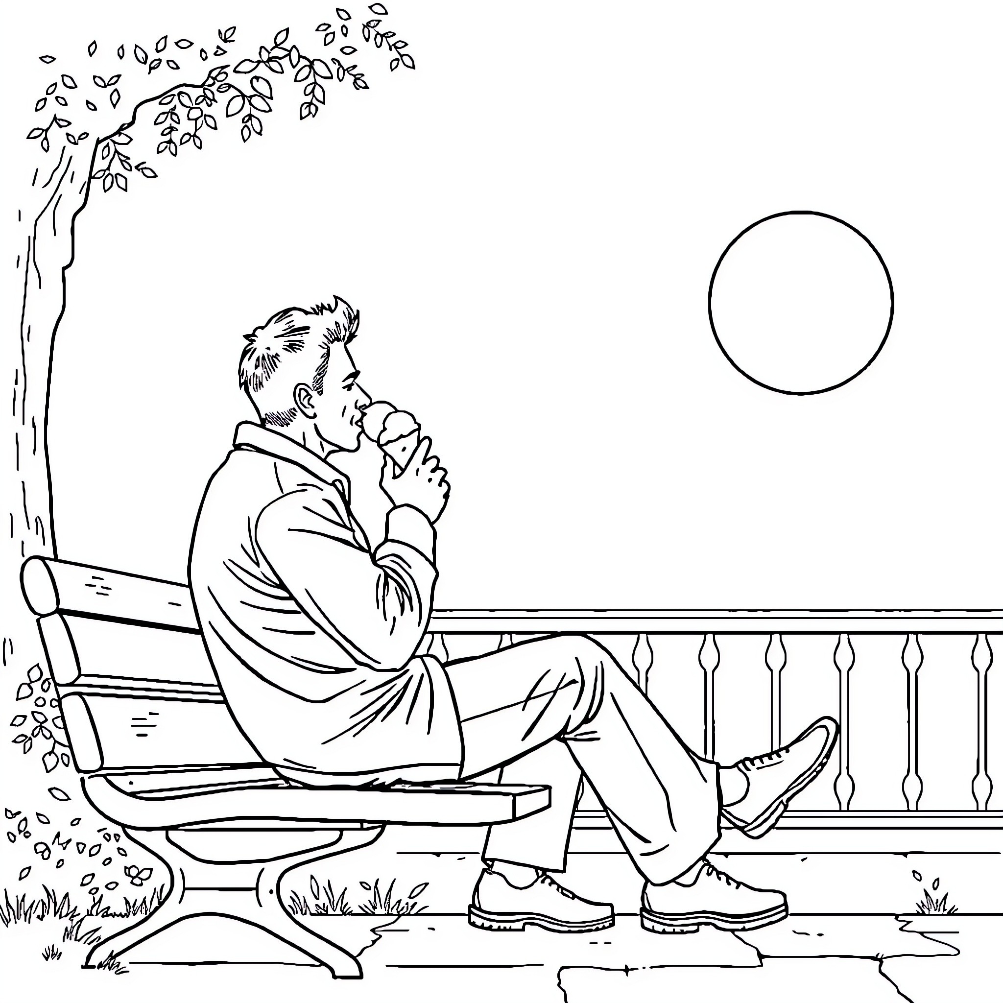 Homme contemplating the tranquil scene Coloring Page (free black-and-white line drawing printable PDF for all, from beginners to advanced learners, including children, teens, adults, and seniors)