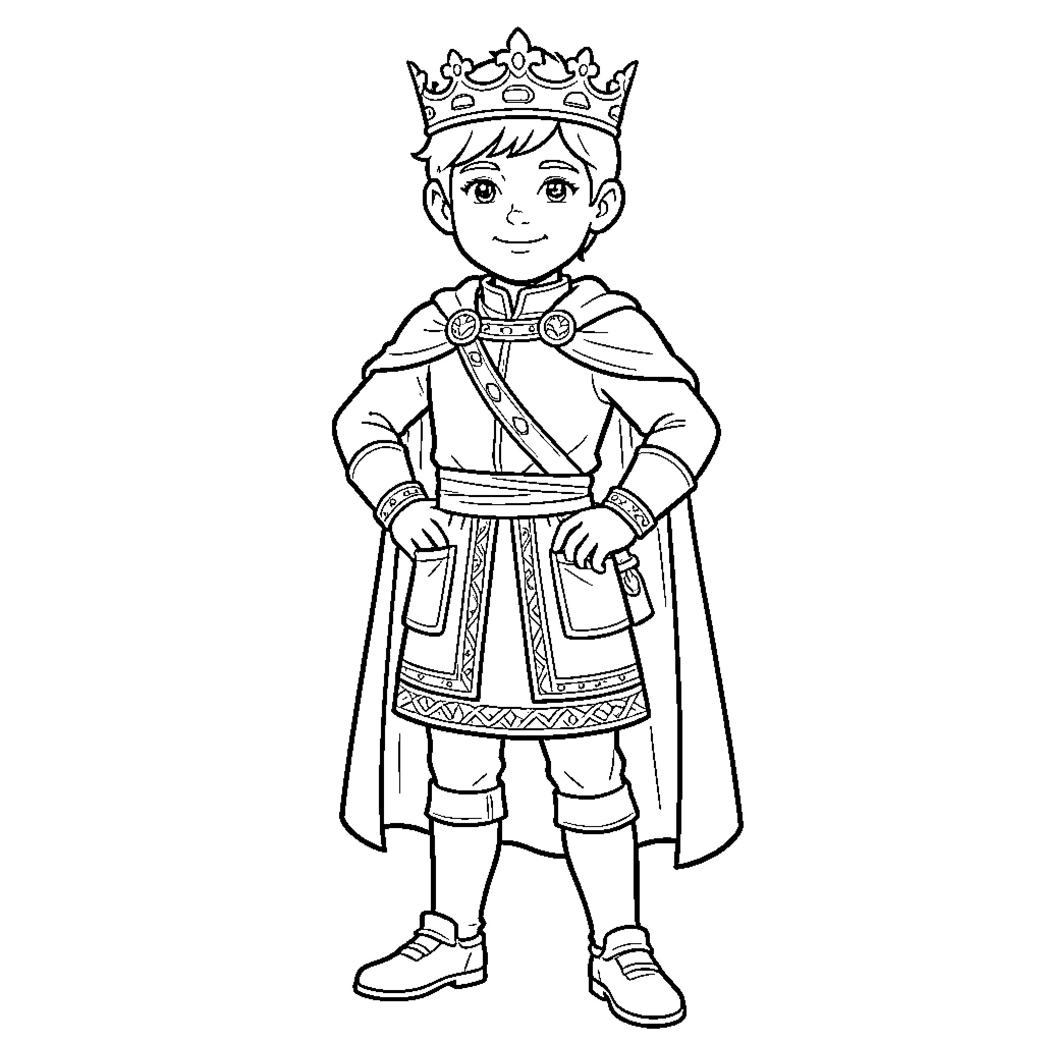 Prince wearing a royal crown and majestic cape Coloring Page (free black-and-white line drawing printable PDF for all, from beginners to advanced learners, including children, teens, adults, and seniors)