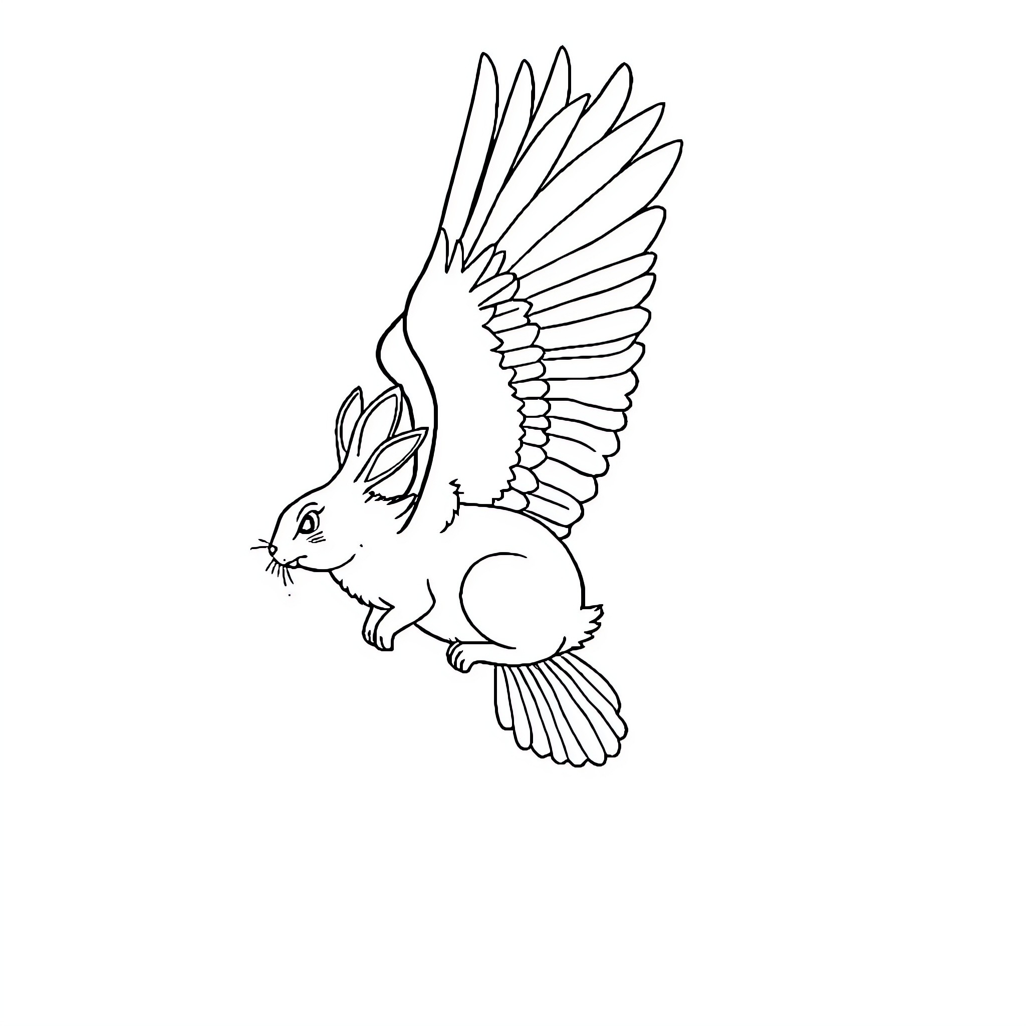 Rabbit with majestic wings soaring Coloring Page (free black-and-white line drawing printable PDF for all, from beginners to advanced learners, including children, teens, adults, and seniors)