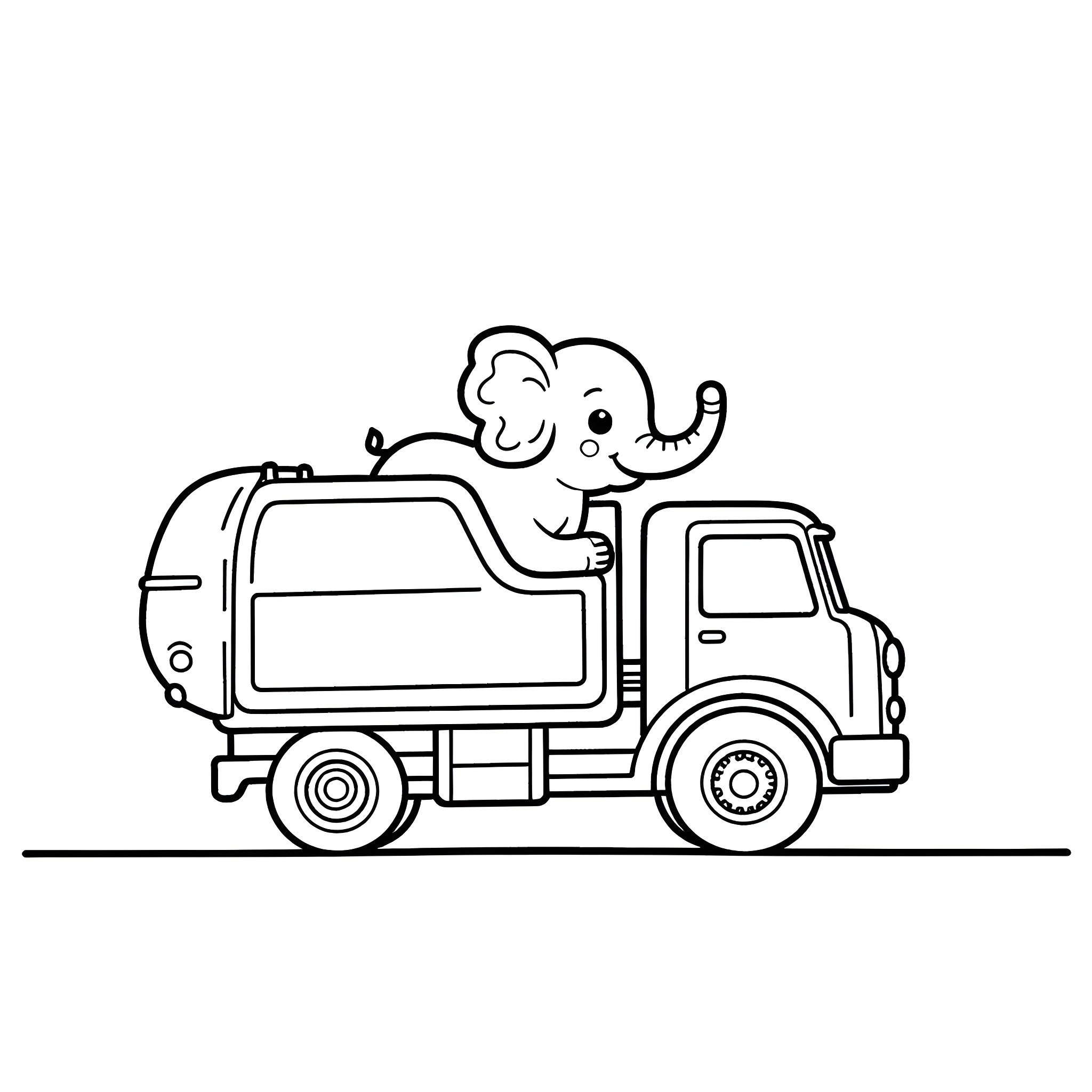 Elephant riding happily on a truck Coloring Page (free black-and-white line drawing printable PDF for all, from beginners to advanced learners, including children, teens, adults, and seniors)