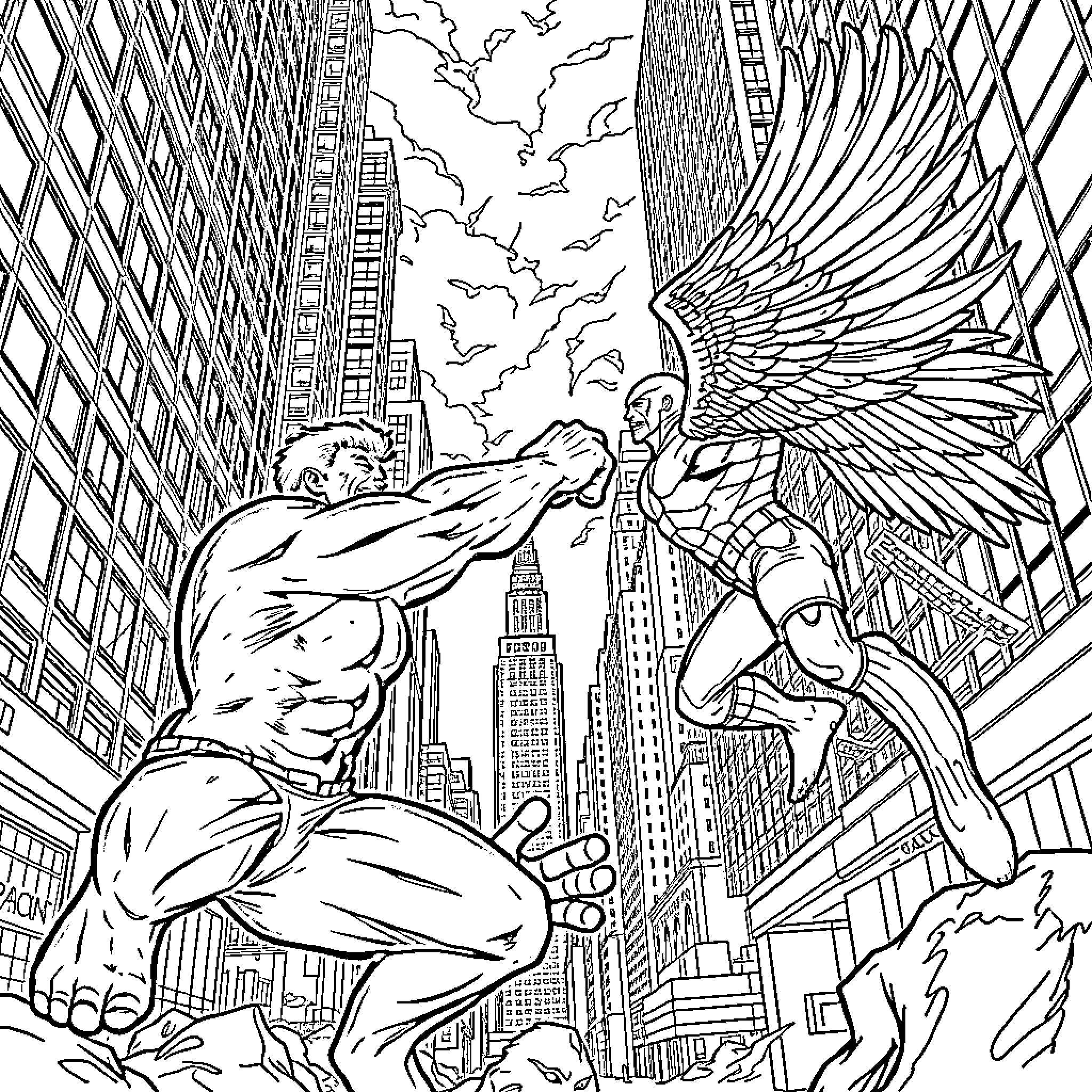 Hulk Battles Angelic Creature in Towering Cityscape Coloring Page (free black-and-white line drawing printable PDF for all, from beginners to advanced learners, including children, teens, adults, and seniors)