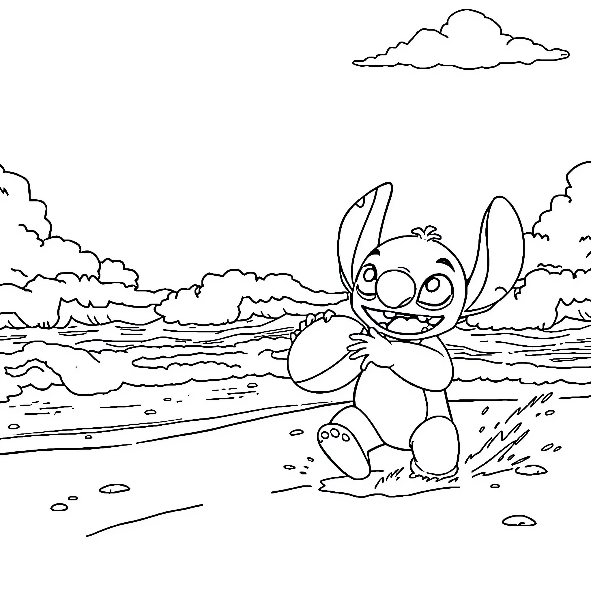 Lilo And Stitch playing happily on the beach Coloring Page (free black-and-white line drawing printable PDF for all, from beginners to advanced learners, including children, teens, adults, and seniors)