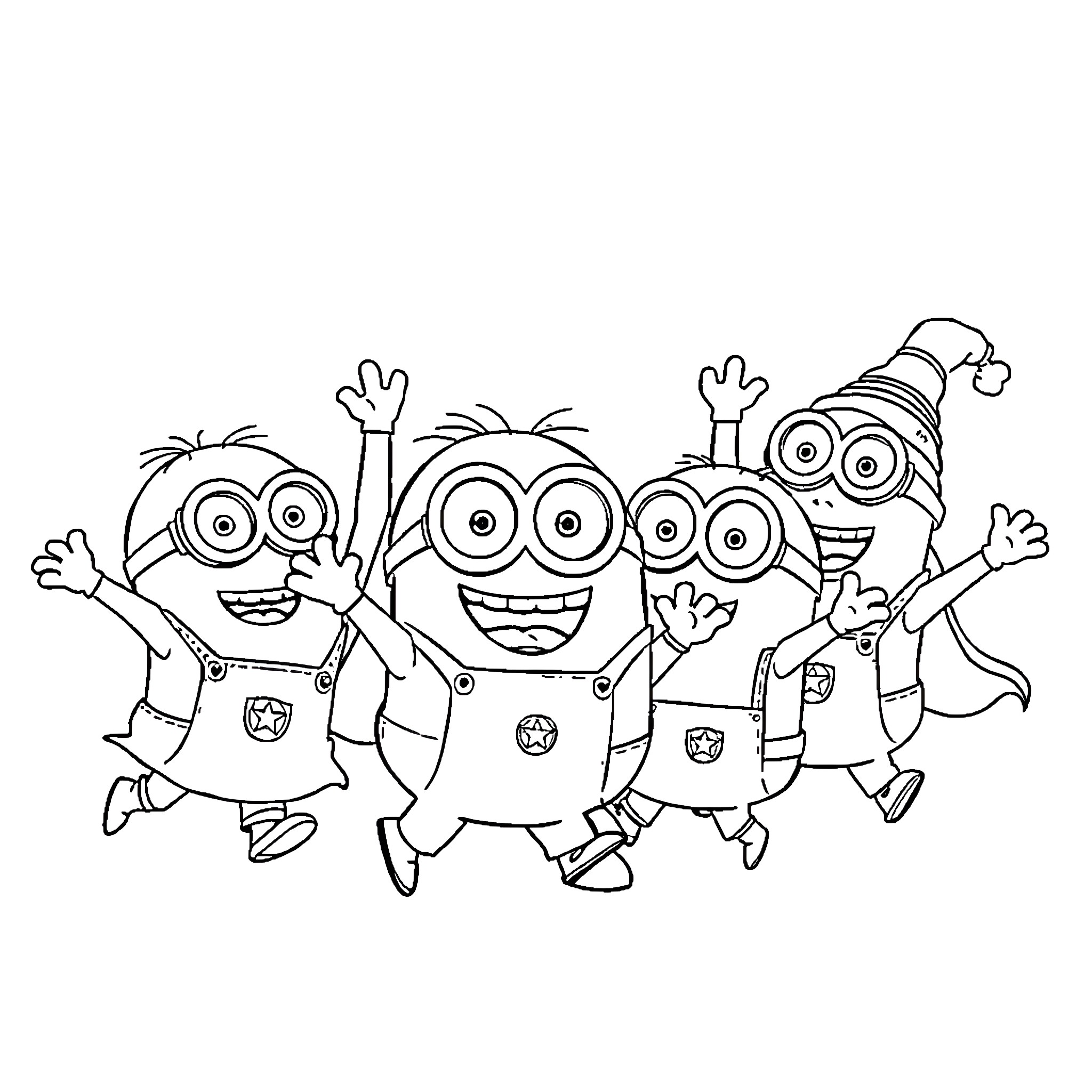 Minions joyfully celebrating together Coloring Page (free black-and-white line drawing printable PDF for all, from beginners to advanced learners, including children, teens, adults, and seniors)