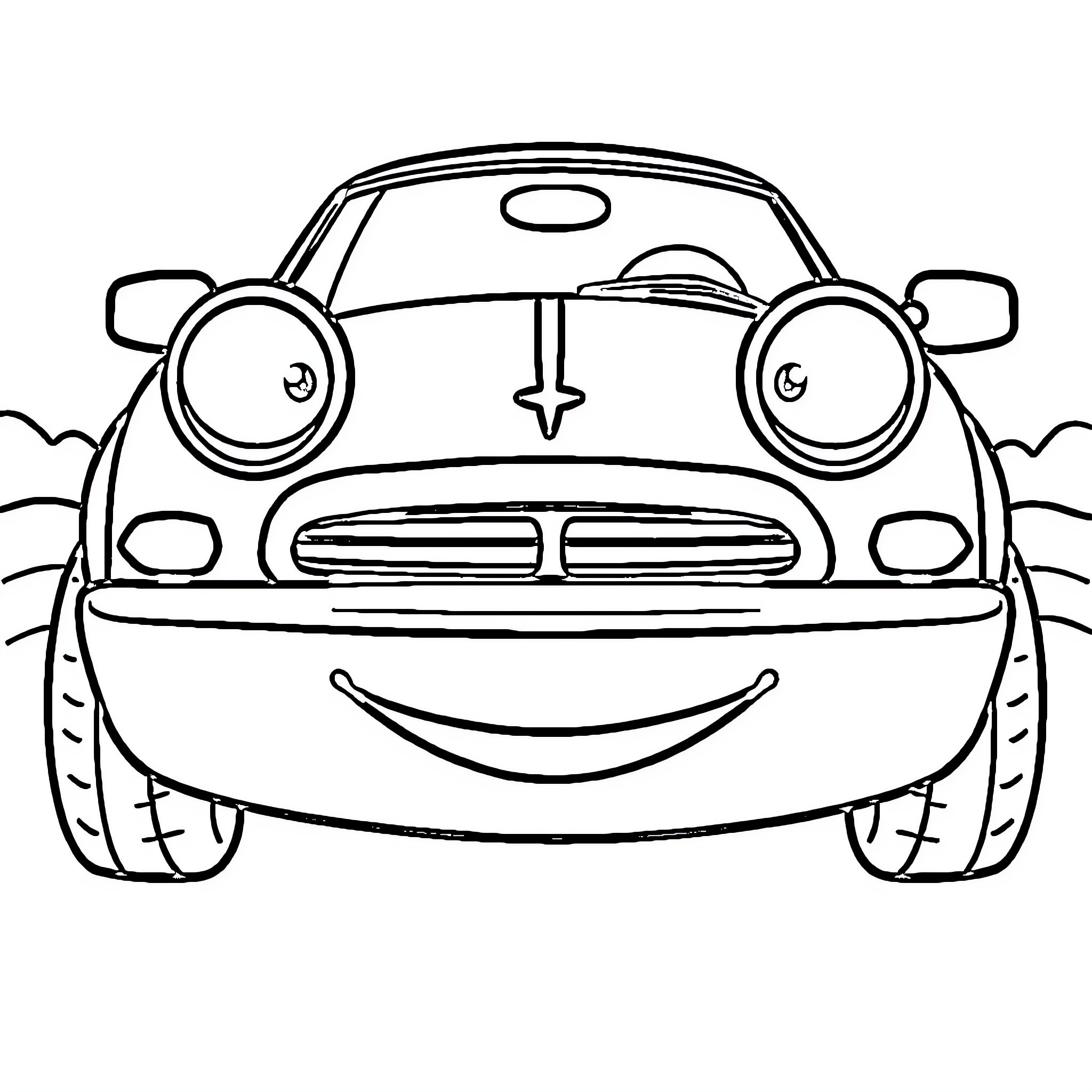 Car with a smiling expression on the road Coloring Page (free black-and-white line drawing printable PDF for all, from beginners to advanced learners, including children, teens, adults, and seniors)