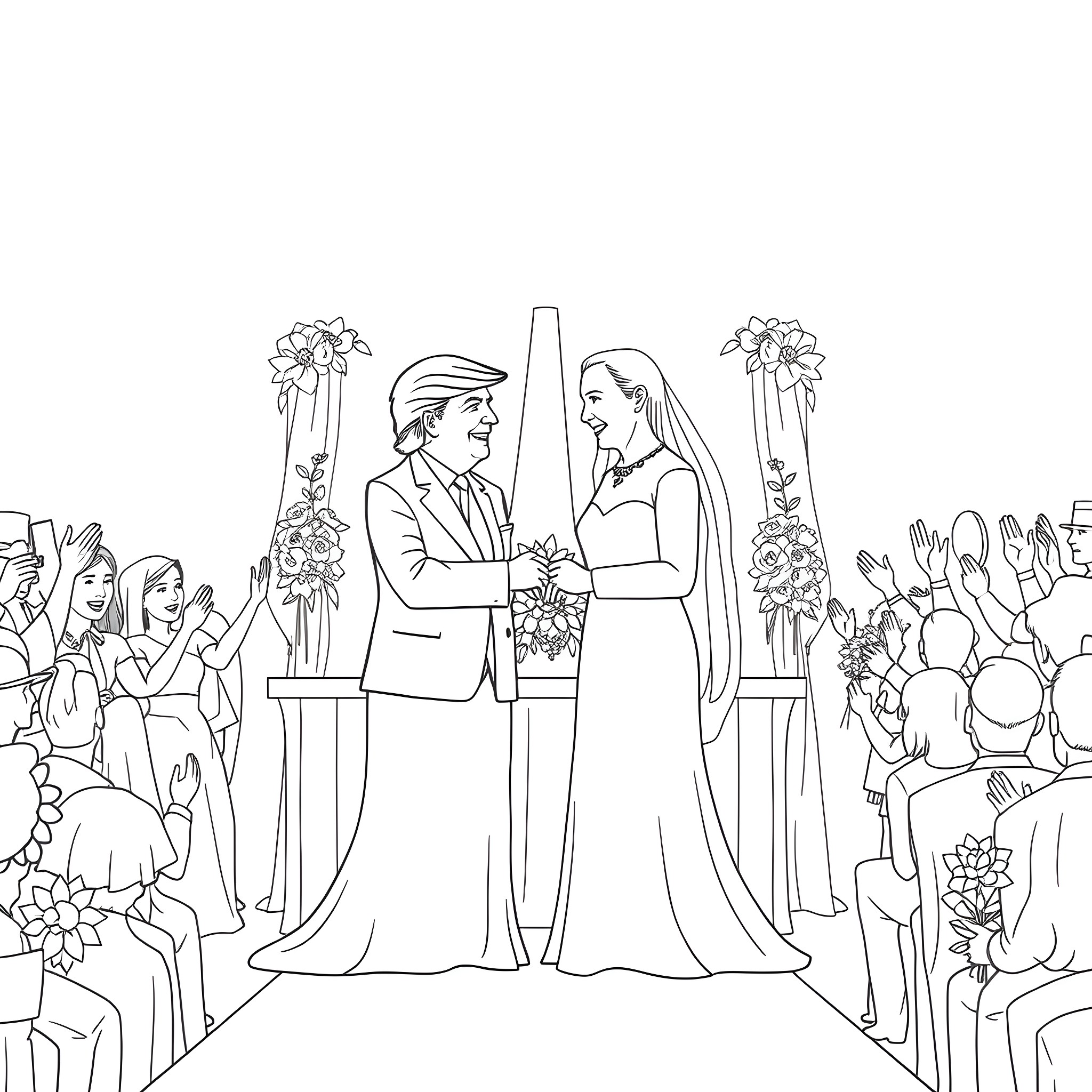 Trump and Biden in a formal wedding ceremony Coloring Page (free black-and-white line drawing printable PDF for all, from beginners to advanced learners, including children, teens, adults, and seniors)