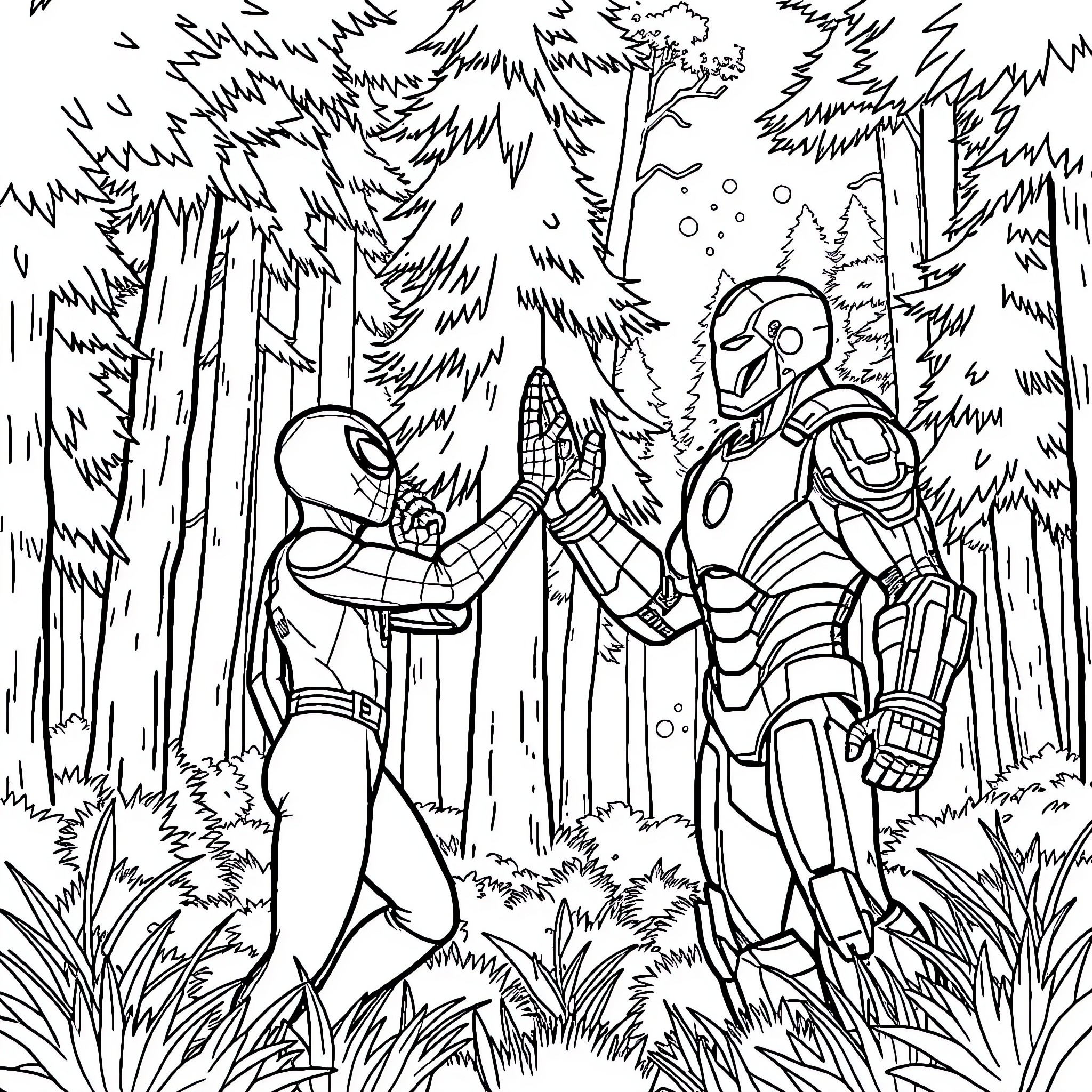 Spider-Man Meets Iron Man in Snowy Forest Coloring Page (free black-and-white line drawing printable PDF for all, from beginners to advanced learners, including children, teens, adults, and seniors)