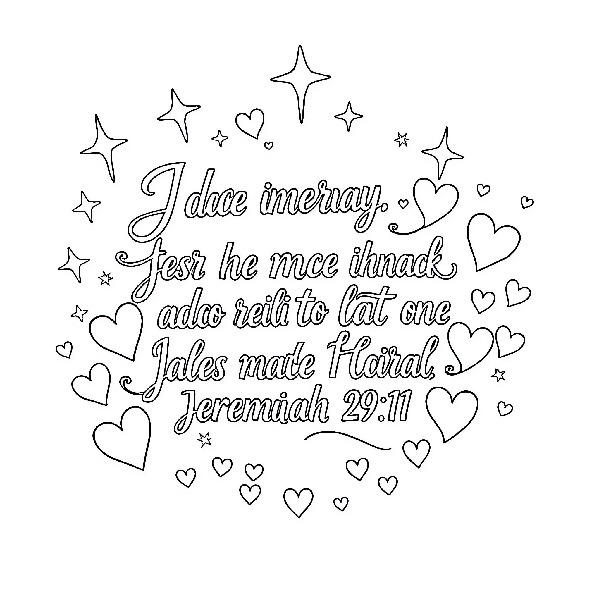 Bible Verse with Hearts and Stars Design Coloring Page (free black-and-white line drawing printable PDF for all, from beginners to advanced learners, including children, teens, adults, and seniors)