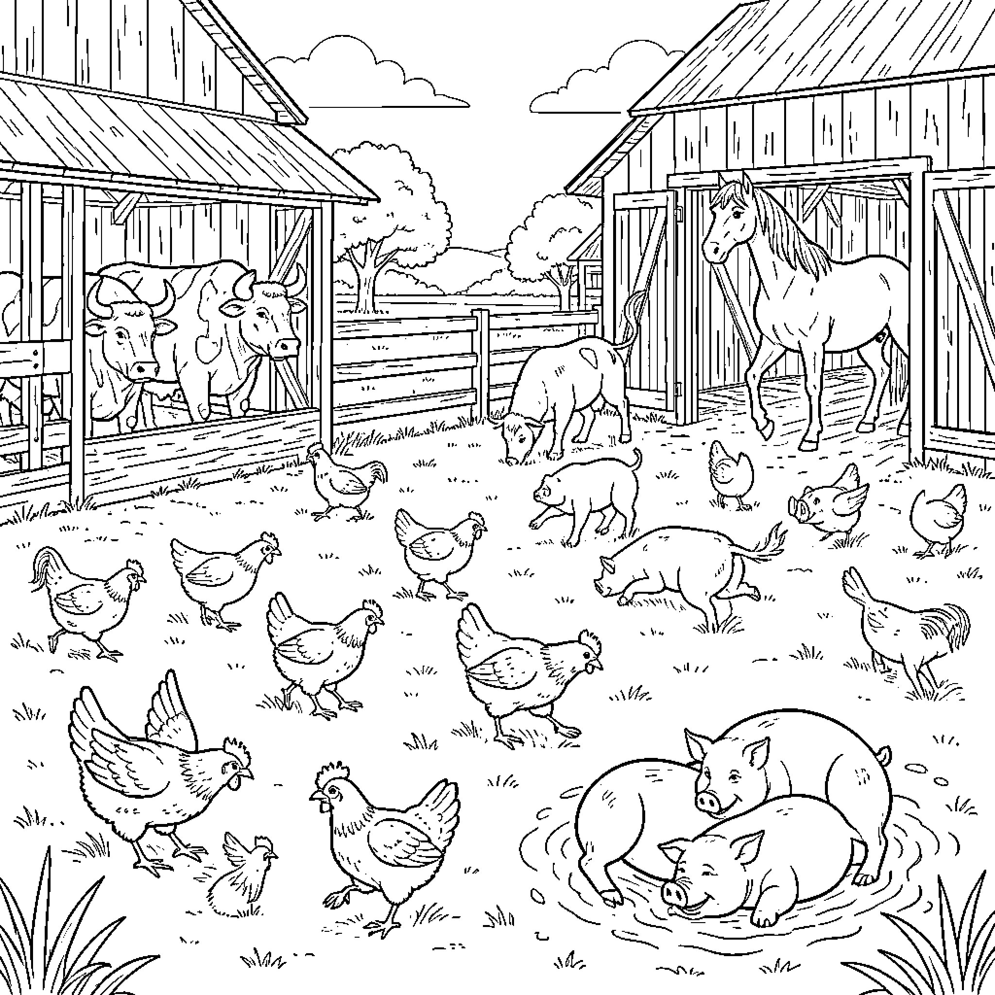 Granja con animales diversos caminando por el campo Coloring Page (free black-and-white line drawing printable PDF for all, from beginners to advanced learners, including children, teens, adults, and seniors)