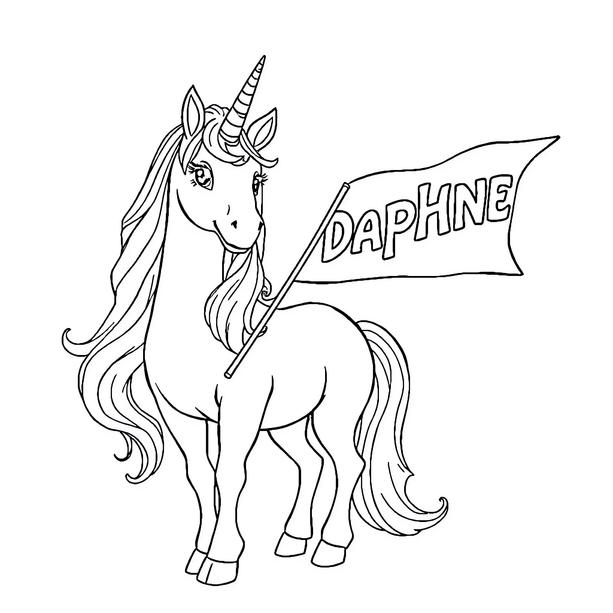 Unicorn carrying a flag with its name Coloring Page (free black-and-white line drawing printable PDF for all, from beginners to advanced learners, including children, teens, adults, and seniors)