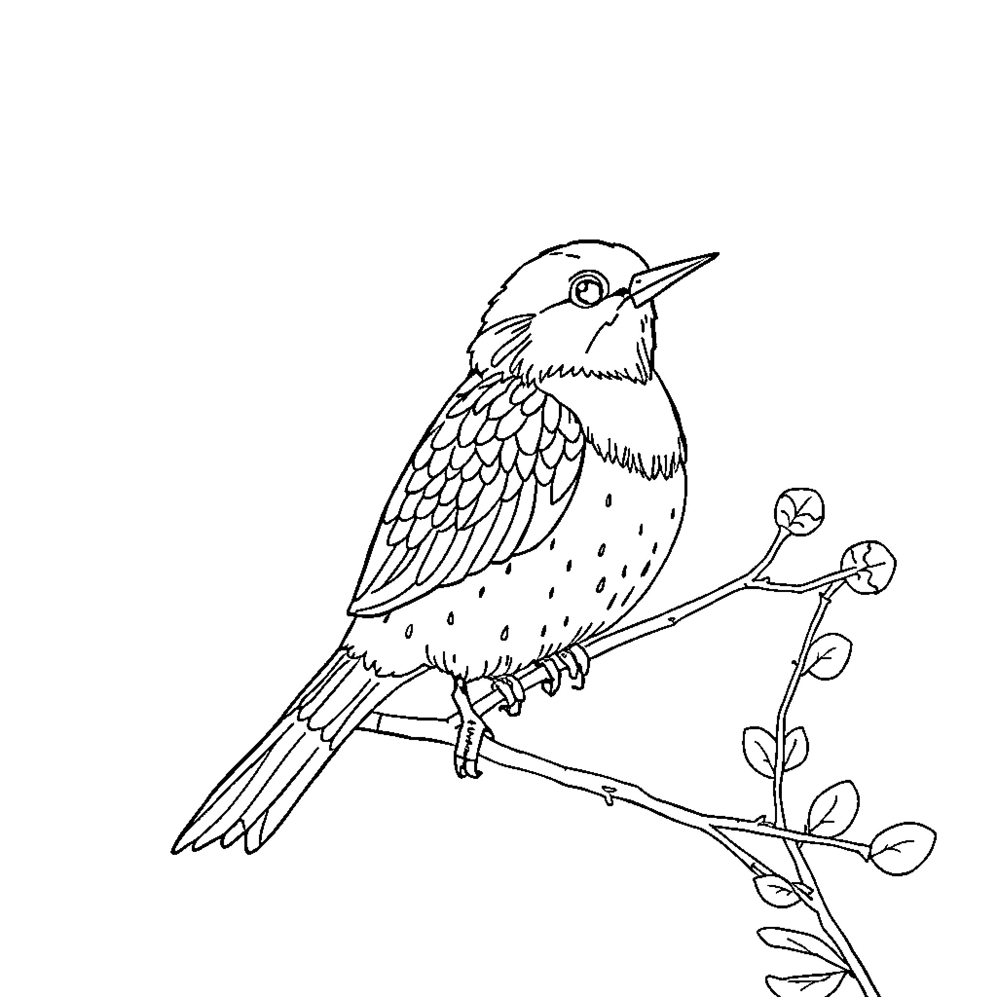 Avión: Bird perched on branch with plant Coloring Page (free black-and-white line drawing printable PDF for all, from beginners to advanced learners, including children, teens, adults, and seniors)