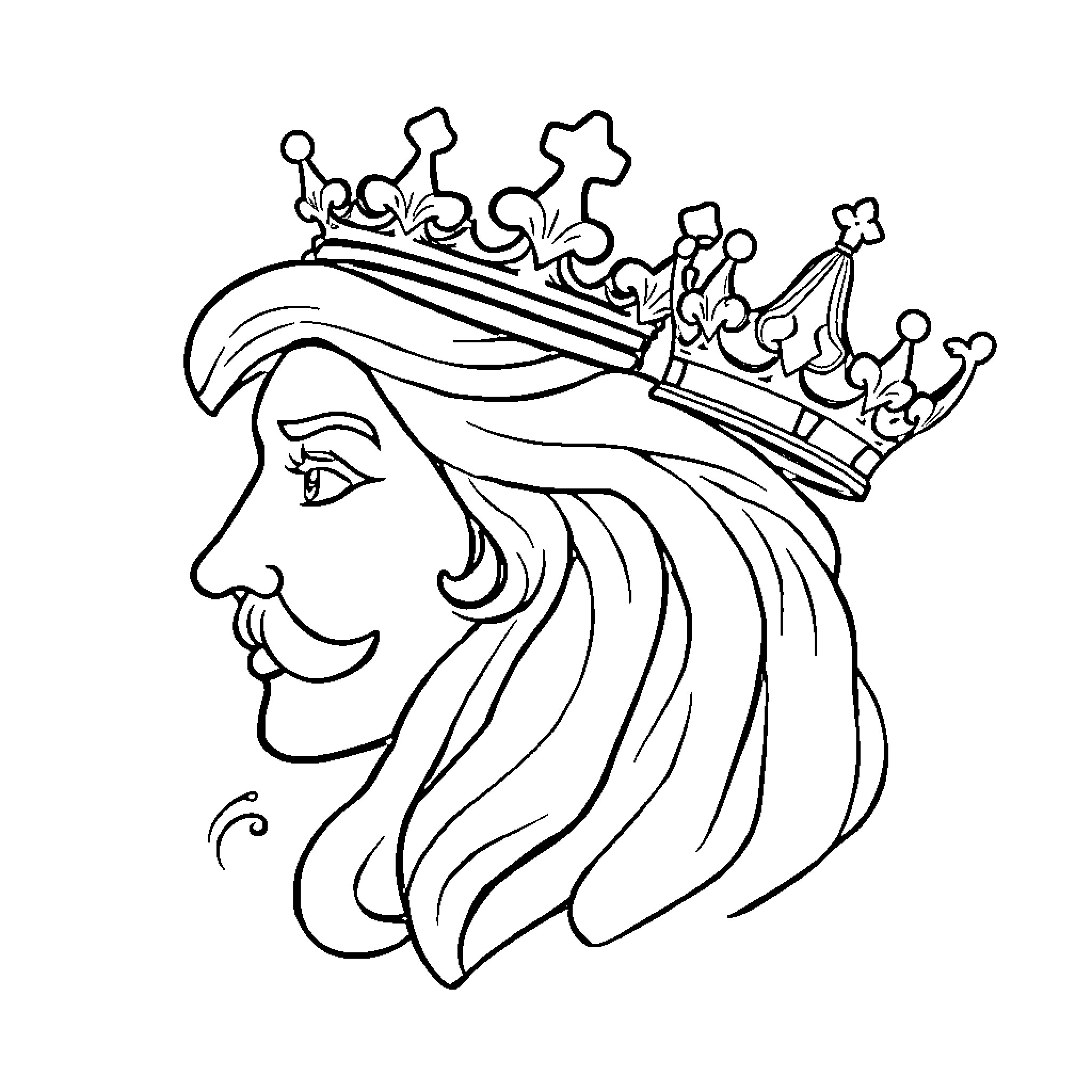 King's Crown Adorns Regal Maiden Coloring Page (free black-and-white line drawing printable PDF for all, from beginners to advanced learners, including children, teens, adults, and seniors)