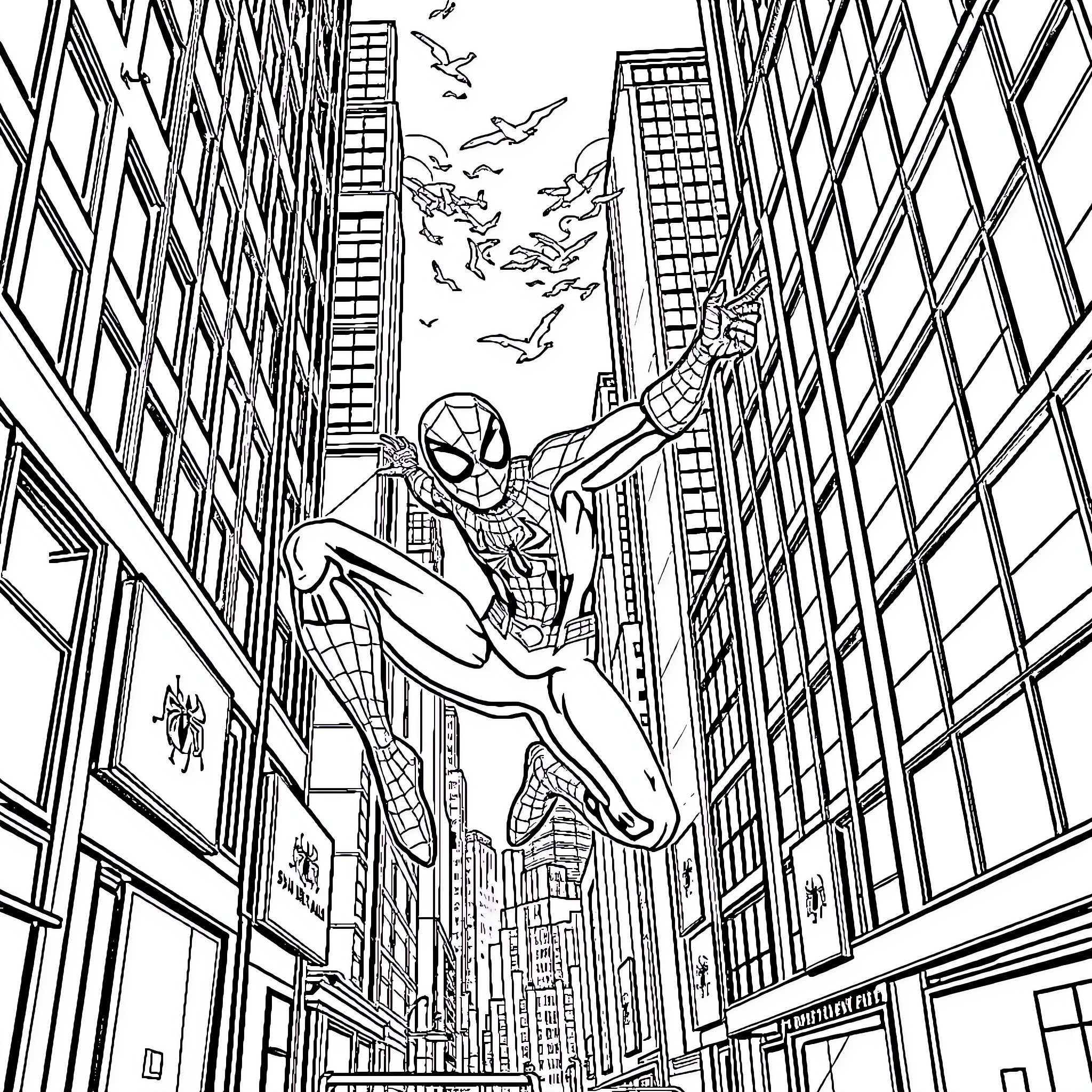 Spiderman swinging through the city skyline Coloring Page (free black-and-white line drawing printable PDF for all, from beginners to advanced learners, including children, teens, adults, and seniors)