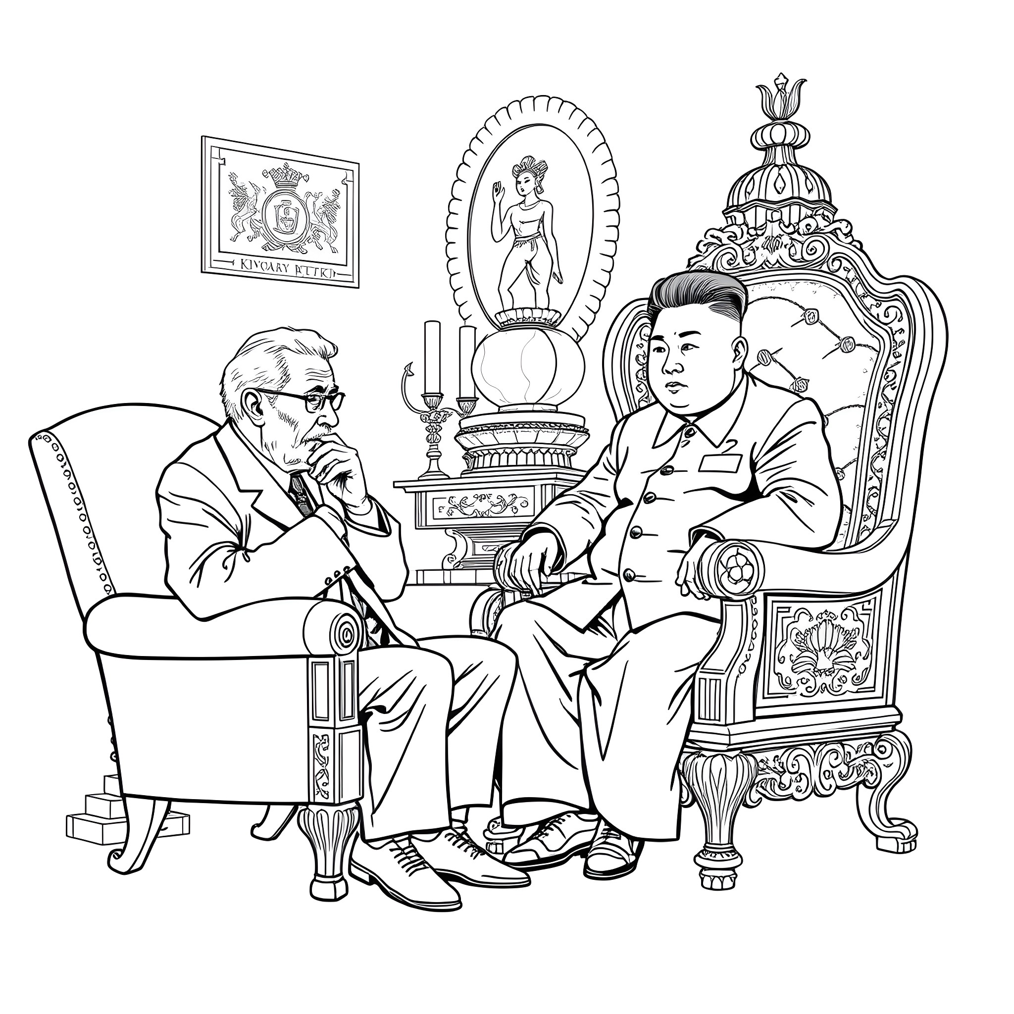 Sigmund Freud discussing psychology with a young man Coloring Page (free black-and-white line drawing printable PDF for all, from beginners to advanced learners, including children, teens, adults, and seniors)