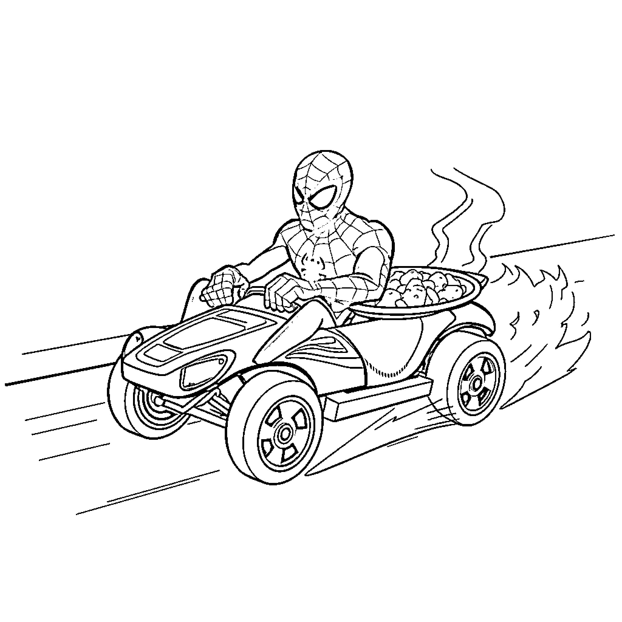 Spidey speeds through the city on a hot rod Coloring Page (free black-and-white line drawing printable PDF for all, from beginners to advanced learners, including children, teens, adults, and seniors)