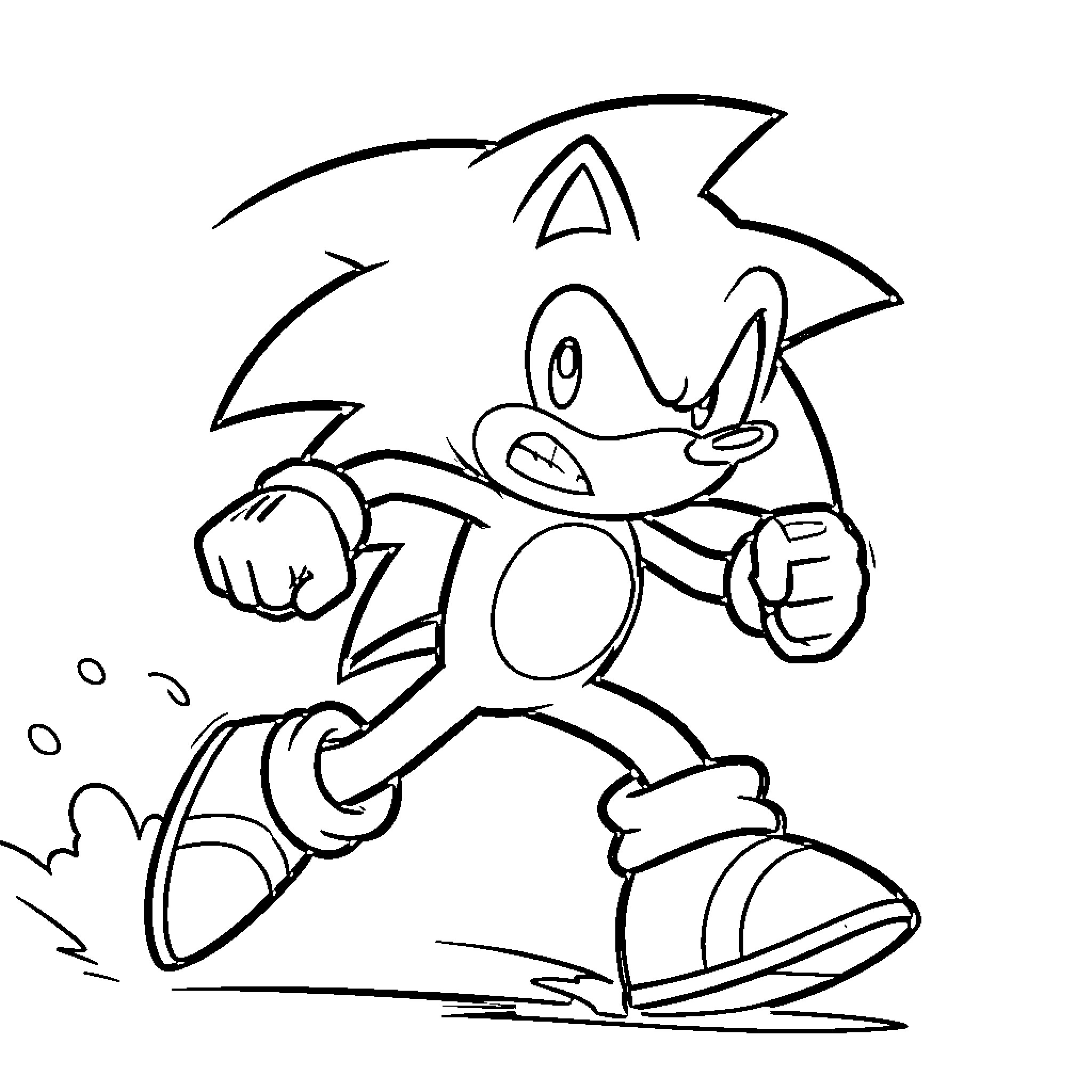 Sonic running intensely with an angry expression Coloring Page (free black-and-white line drawing printable PDF for all, from beginners to advanced learners, including children, teens, adults, and seniors)