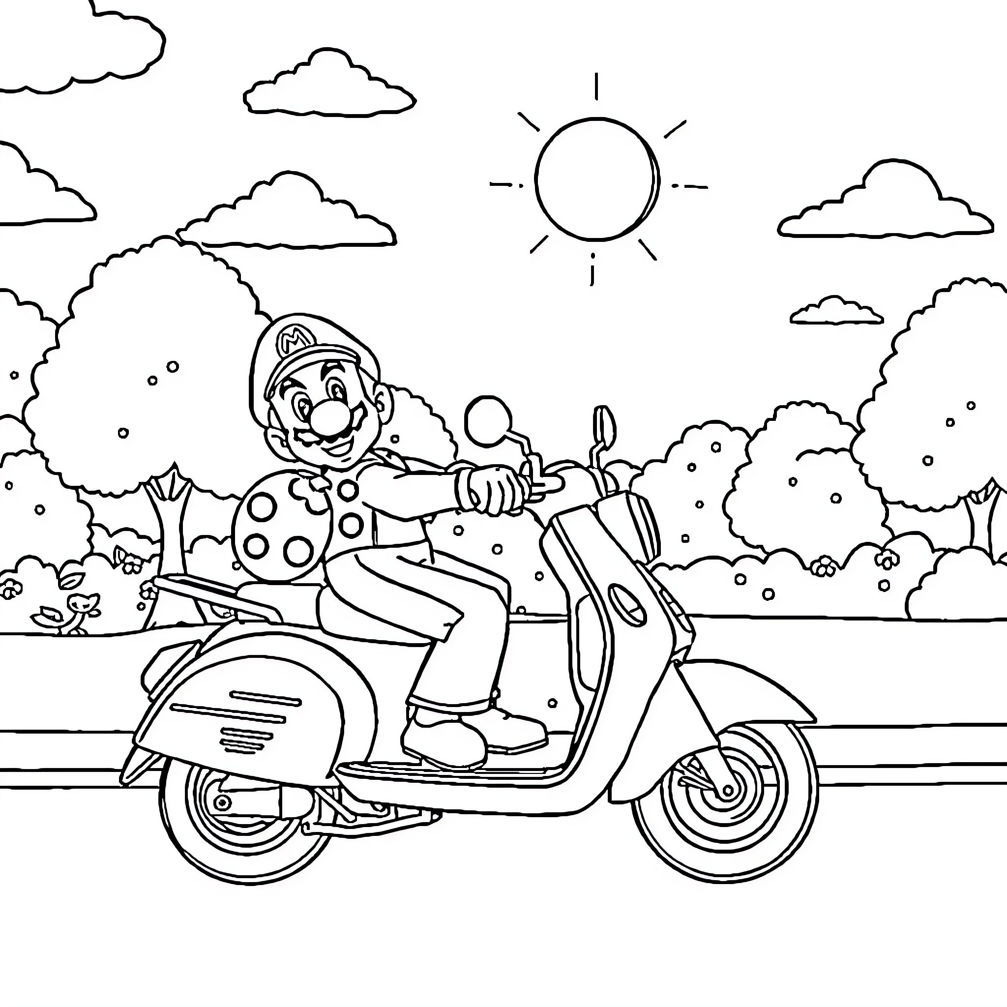 Super Mario riding a scooter in a sunny landscape Coloring Page (free black-and-white line drawing printable PDF for all, from beginners to advanced learners, including children, teens, adults, and seniors)