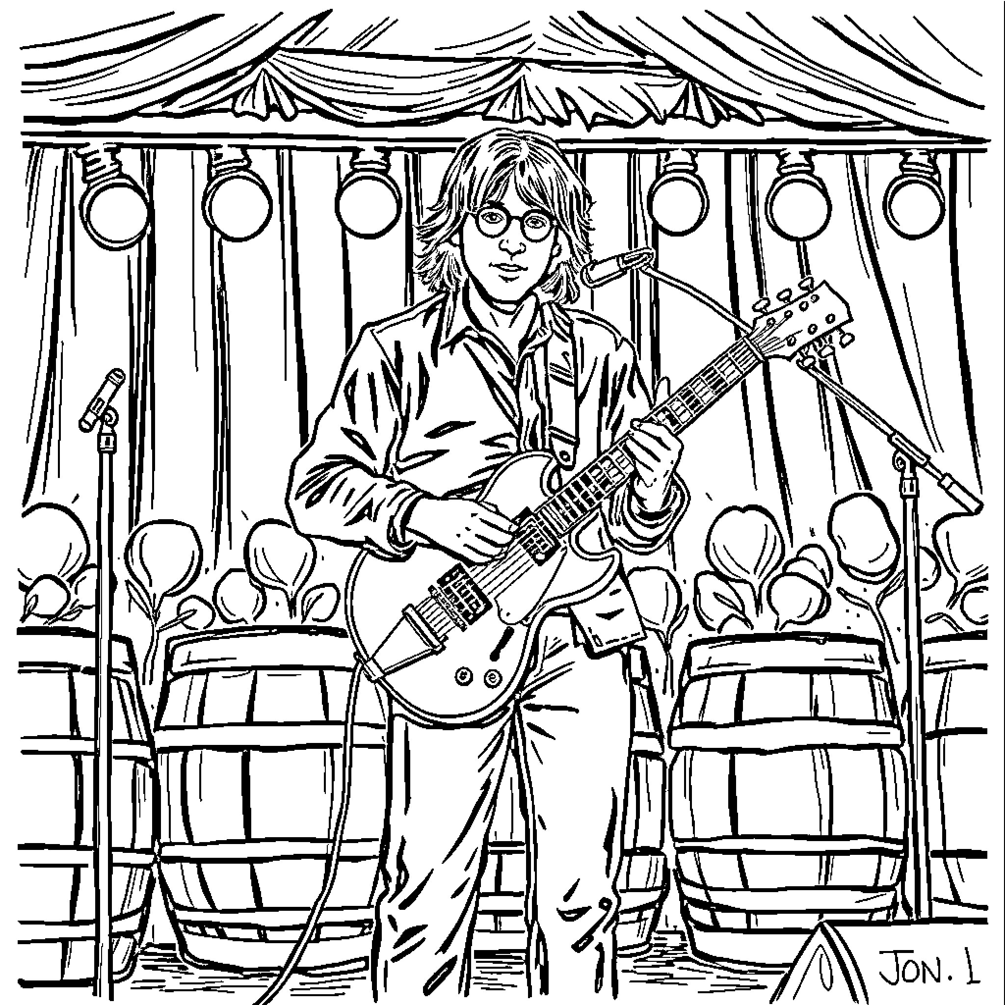 John Lennon performing on stage with guitar Coloring Page (free black-and-white line drawing printable PDF for all, from beginners to advanced learners, including children, teens, adults, and seniors)