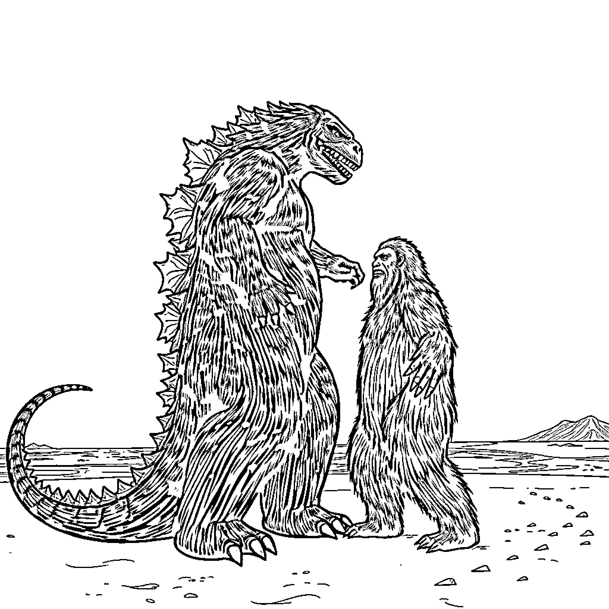 Godzilla and an alien creature in a desert landscape Coloring Page (free black-and-white line drawing printable PDF for all, from beginners to advanced learners, including children, teens, adults, and seniors)