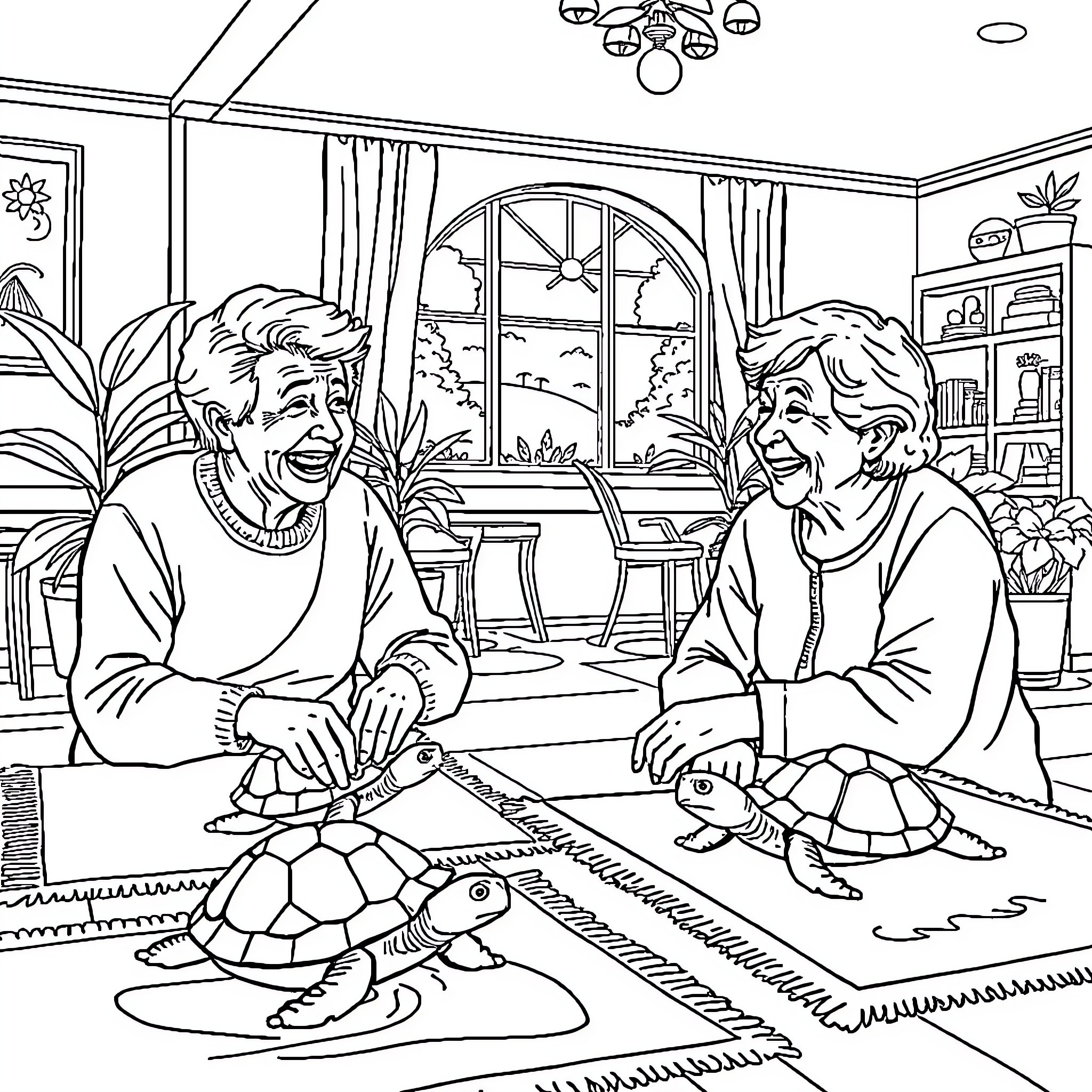 Turtle friends enjoying cozy time together Coloring Page (free black-and-white line drawing printable PDF for all, from beginners to advanced learners, including children, teens, adults, and seniors)
