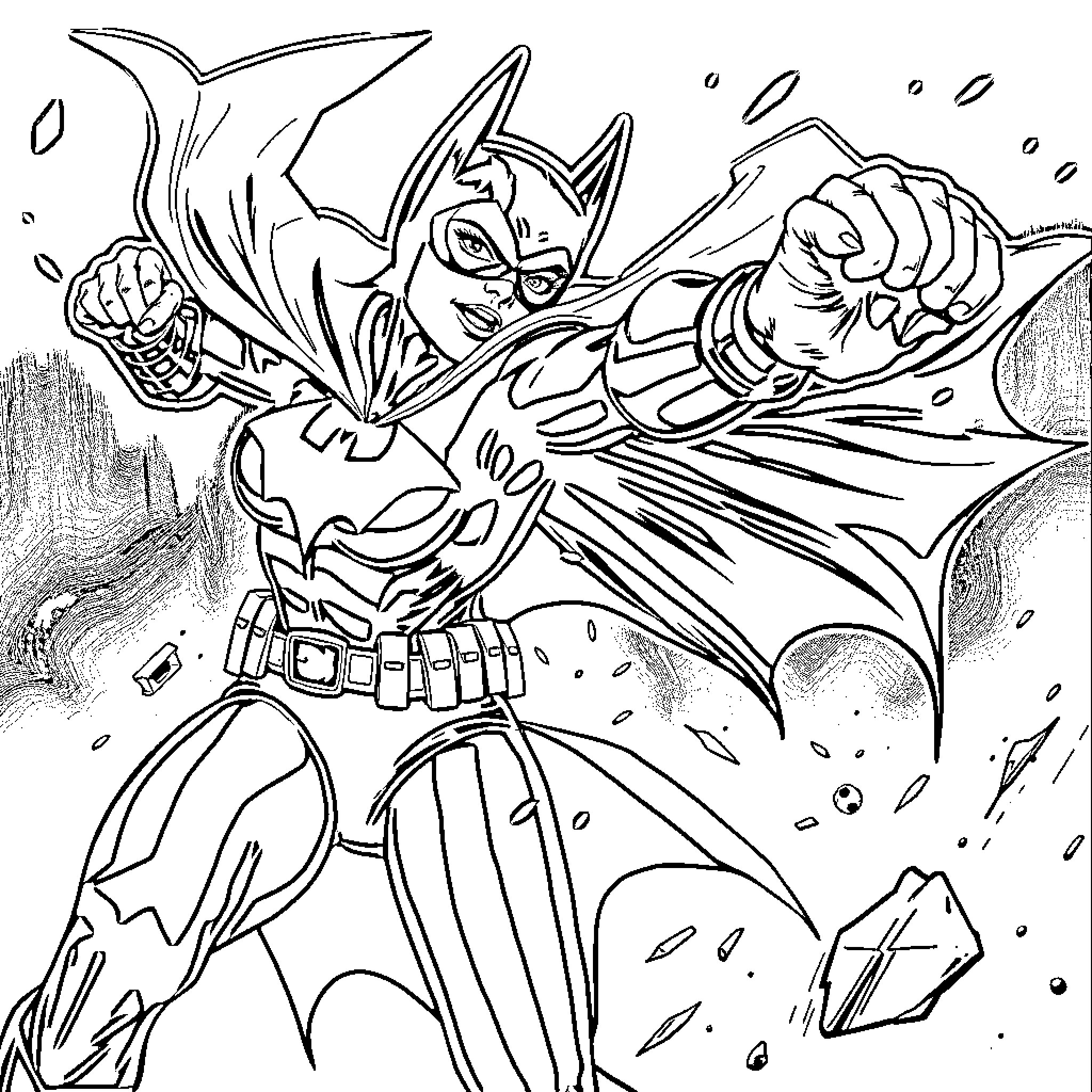 Batwoman in action-packed heroic pose Coloring Page (free black-and-white line drawing printable PDF for all, from beginners to advanced learners, including children, teens, adults, and seniors)