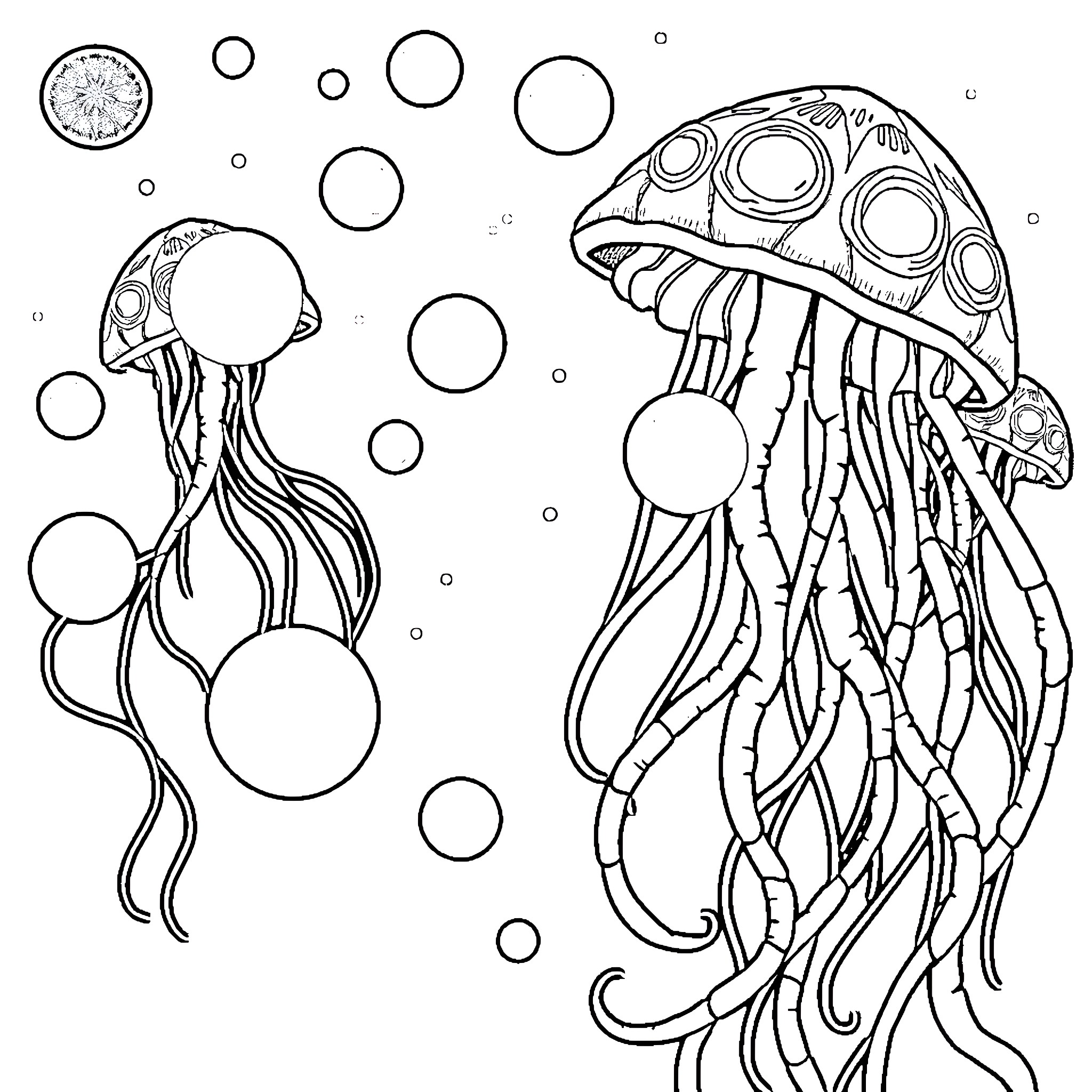 Jellyfish swimming playfully in the ocean Coloring Page (free black-and-white line drawing printable PDF for all, from beginners to advanced learners, including children, teens, adults, and seniors)