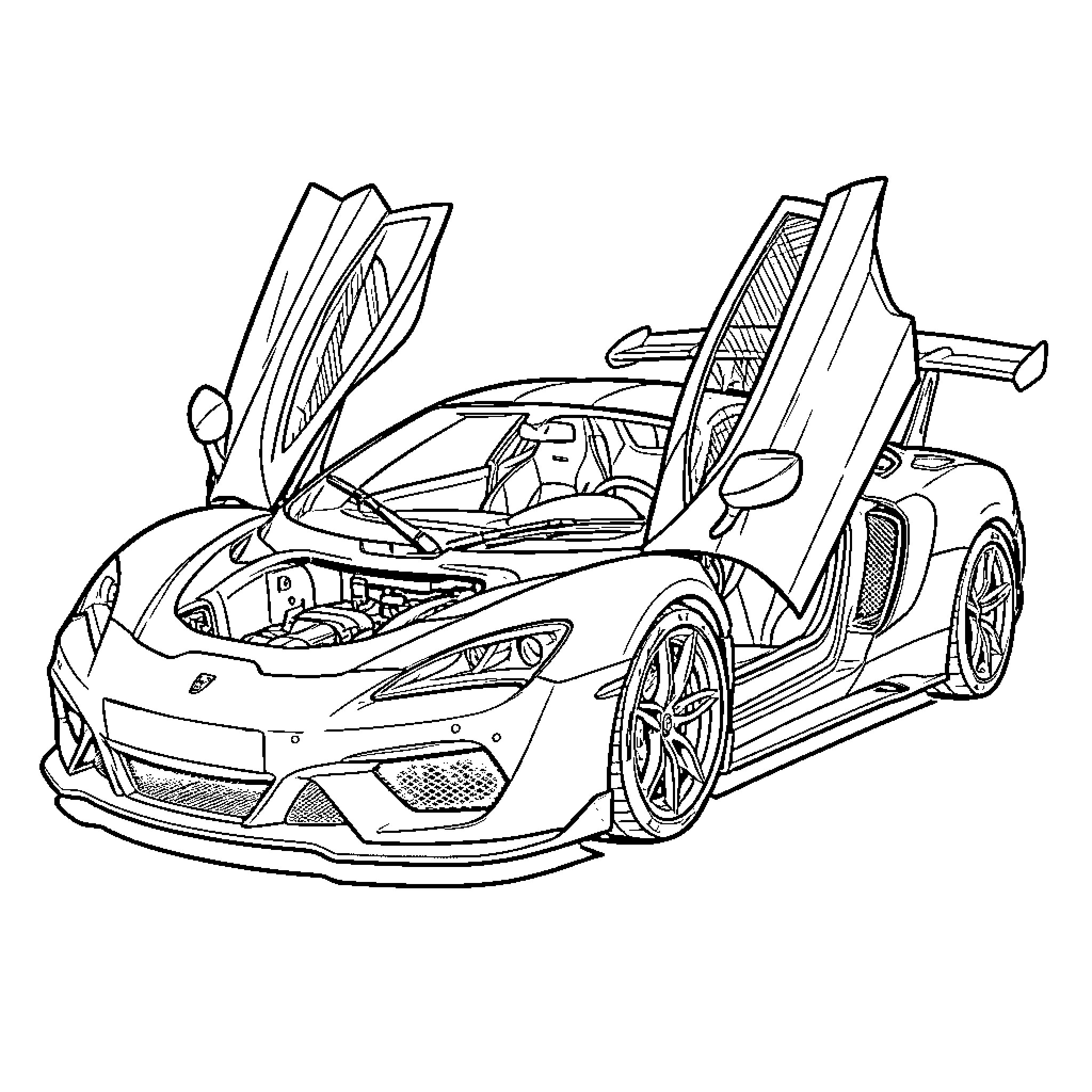 Car with open doors and large rear wing Coloring Page (free black-and-white line drawing printable PDF for all, from beginners to advanced learners, including children, teens, adults, and seniors)