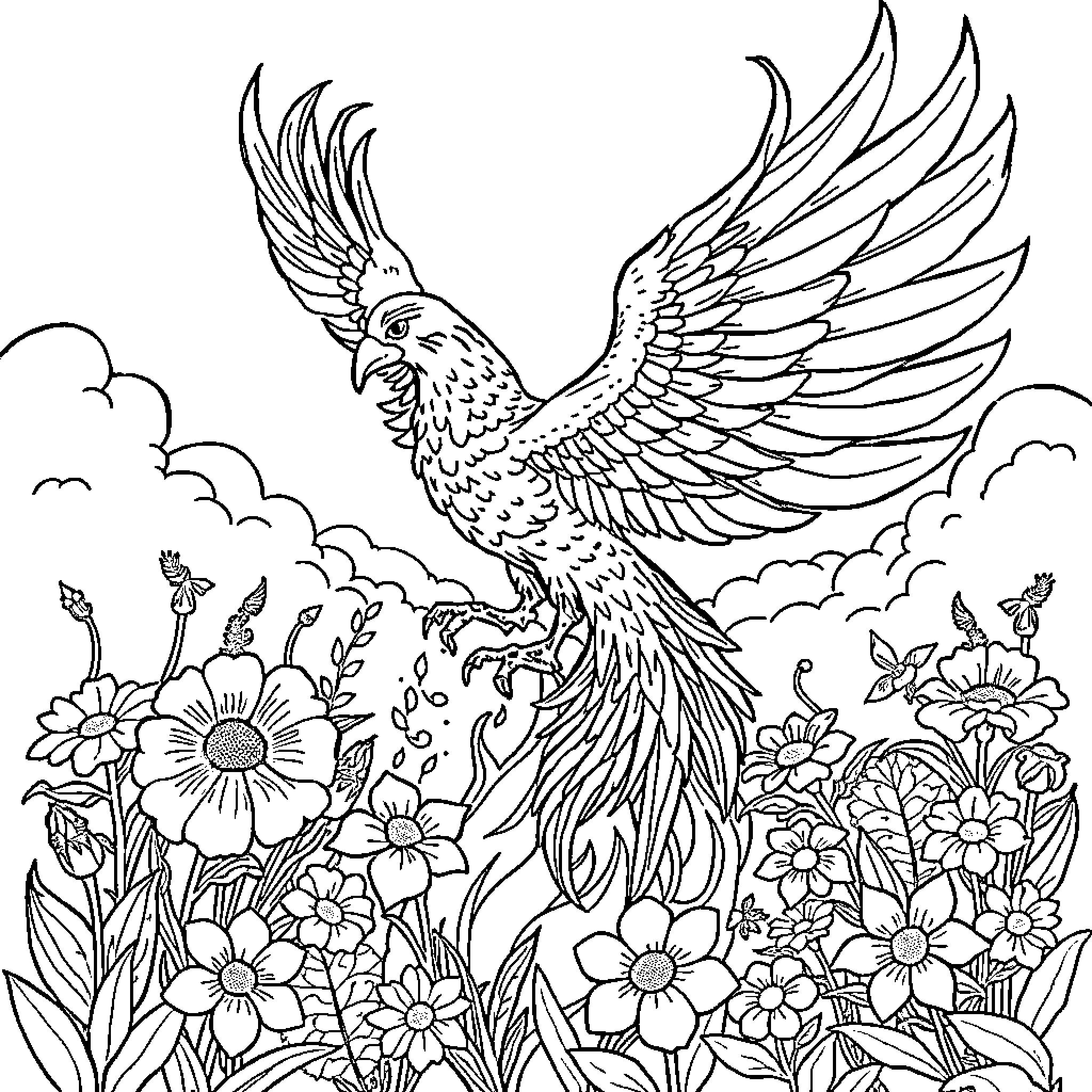 Phoenix soaring amidst vibrant floral display Coloring Page (free black-and-white line drawing printable PDF for all, from beginners to advanced learners, including children, teens, adults, and seniors)