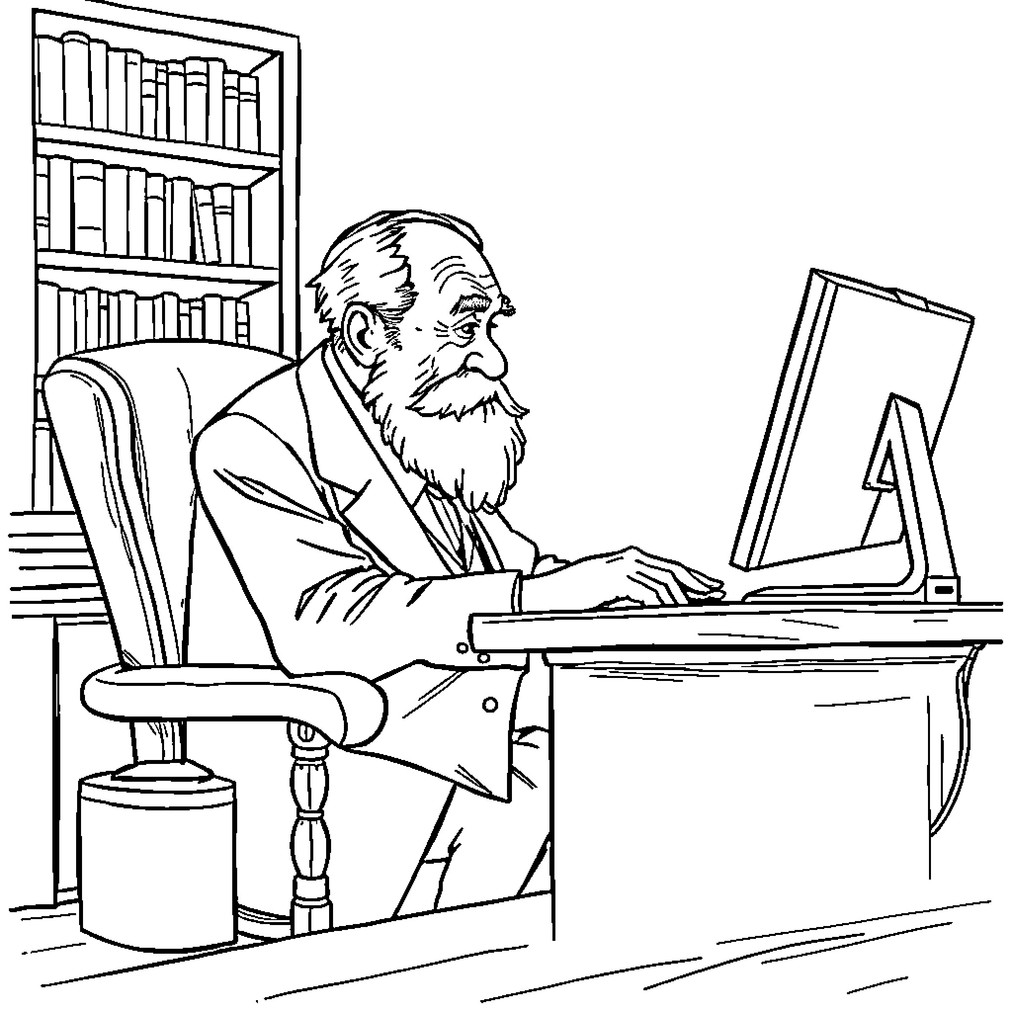 Sigmund Freud working diligently at his desk Coloring Page (free black-and-white line drawing printable PDF for all, from beginners to advanced learners, including children, teens, adults, and seniors)