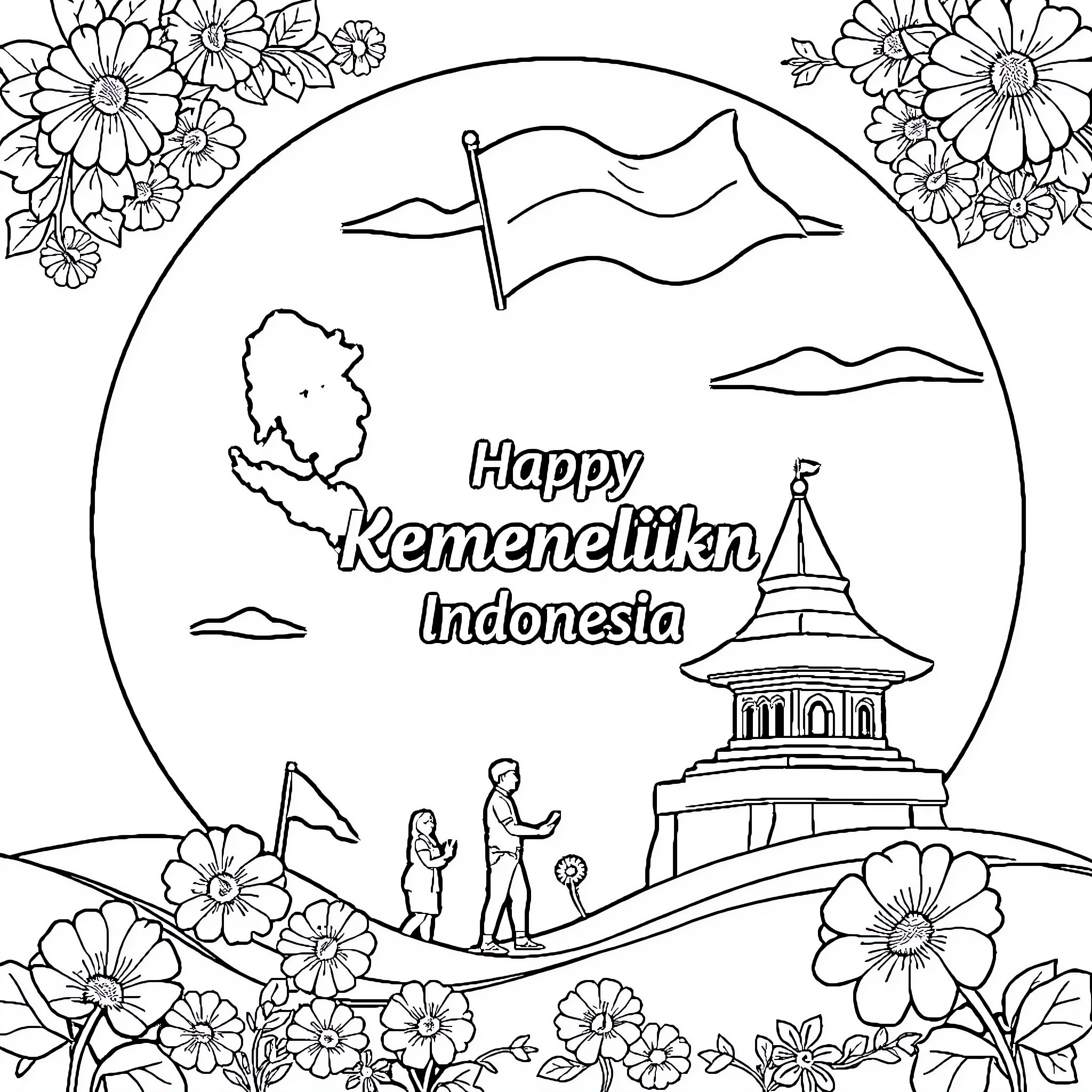 Independence Day celebration with flowers and Indonesian landmarks Coloring Page (free black-and-white line drawing printable PDF for all, from beginners to advanced learners, including children, teens, adults, and seniors)