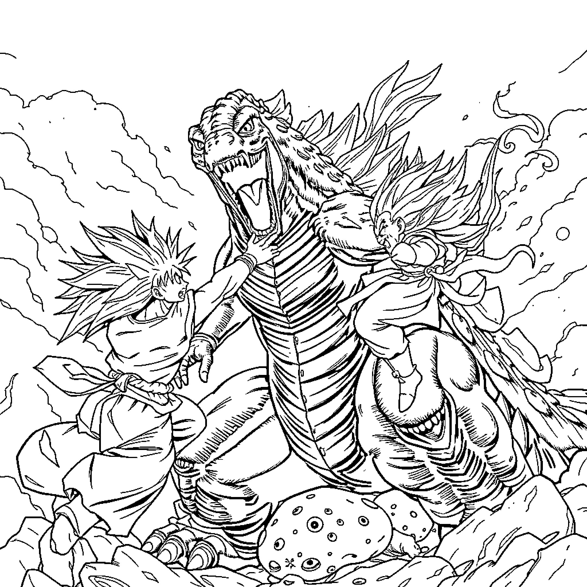 Godzilla's Destructive Rampage Through the City Coloring Page (free black-and-white line drawing printable PDF for all, from beginners to advanced learners, including children, teens, adults, and seniors)