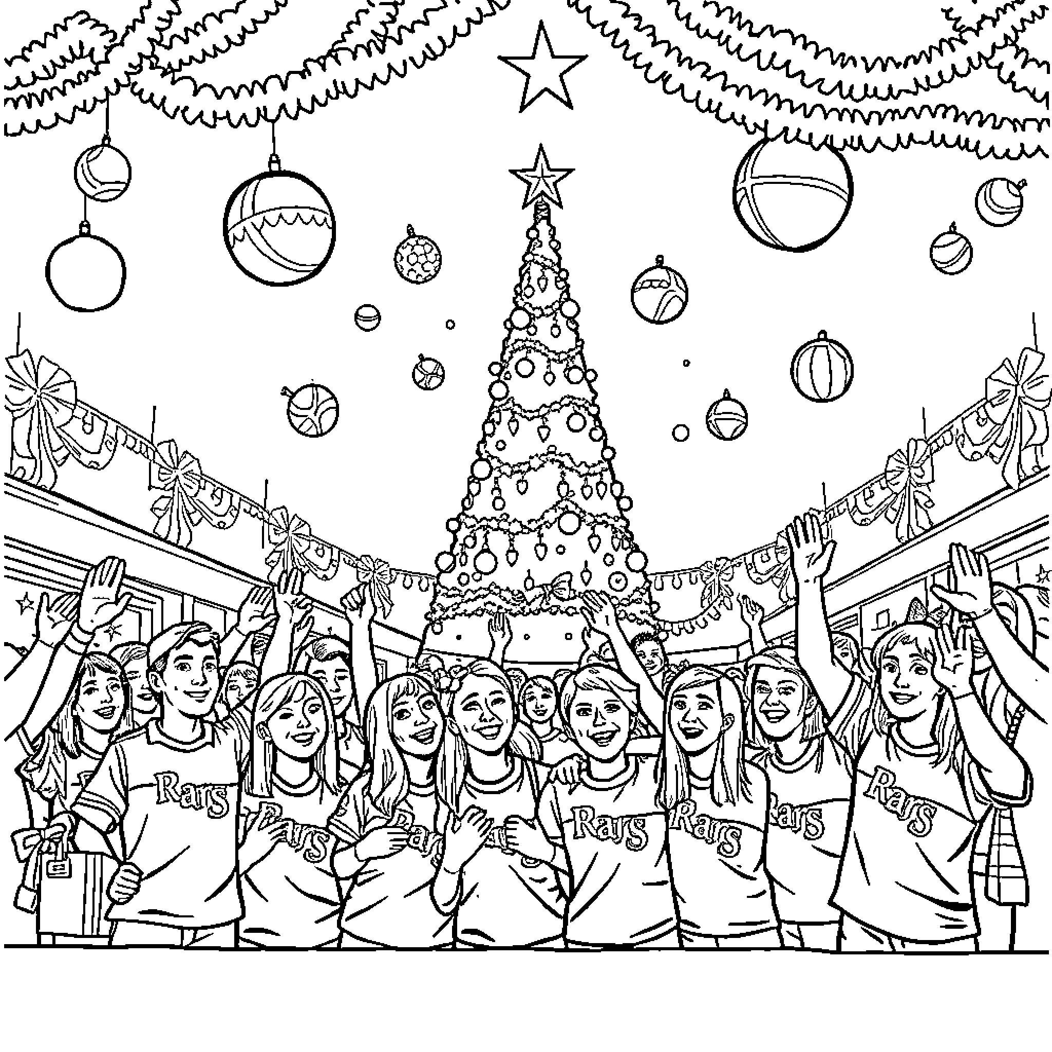 Glasgow Rangers fans celebrating Christmas festival Coloring Page (free black-and-white line drawing printable PDF for all, from beginners to advanced learners, including children, teens, adults, and seniors)