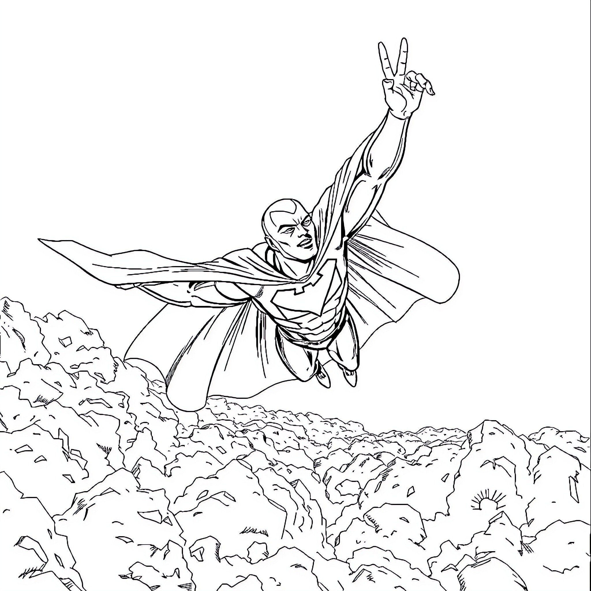 Martian Manhunter soaring through the skies Coloring Page (free black-and-white line drawing printable PDF for all, from beginners to advanced learners, including children, teens, adults, and seniors)