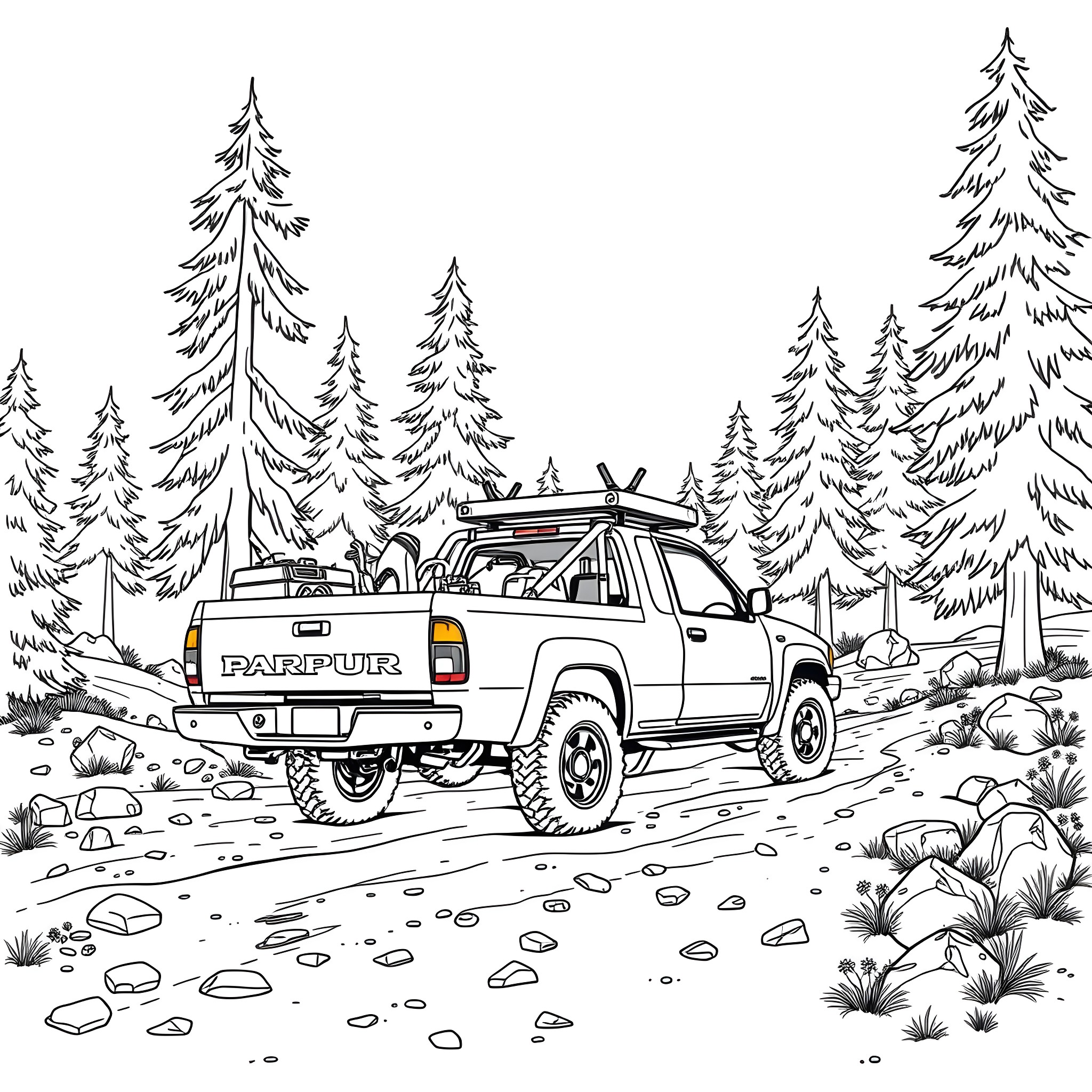 Pickup driving through a rugged forest landscape Coloring Page (free black-and-white line drawing printable PDF for all, from beginners to advanced learners, including children, teens, adults, and seniors)