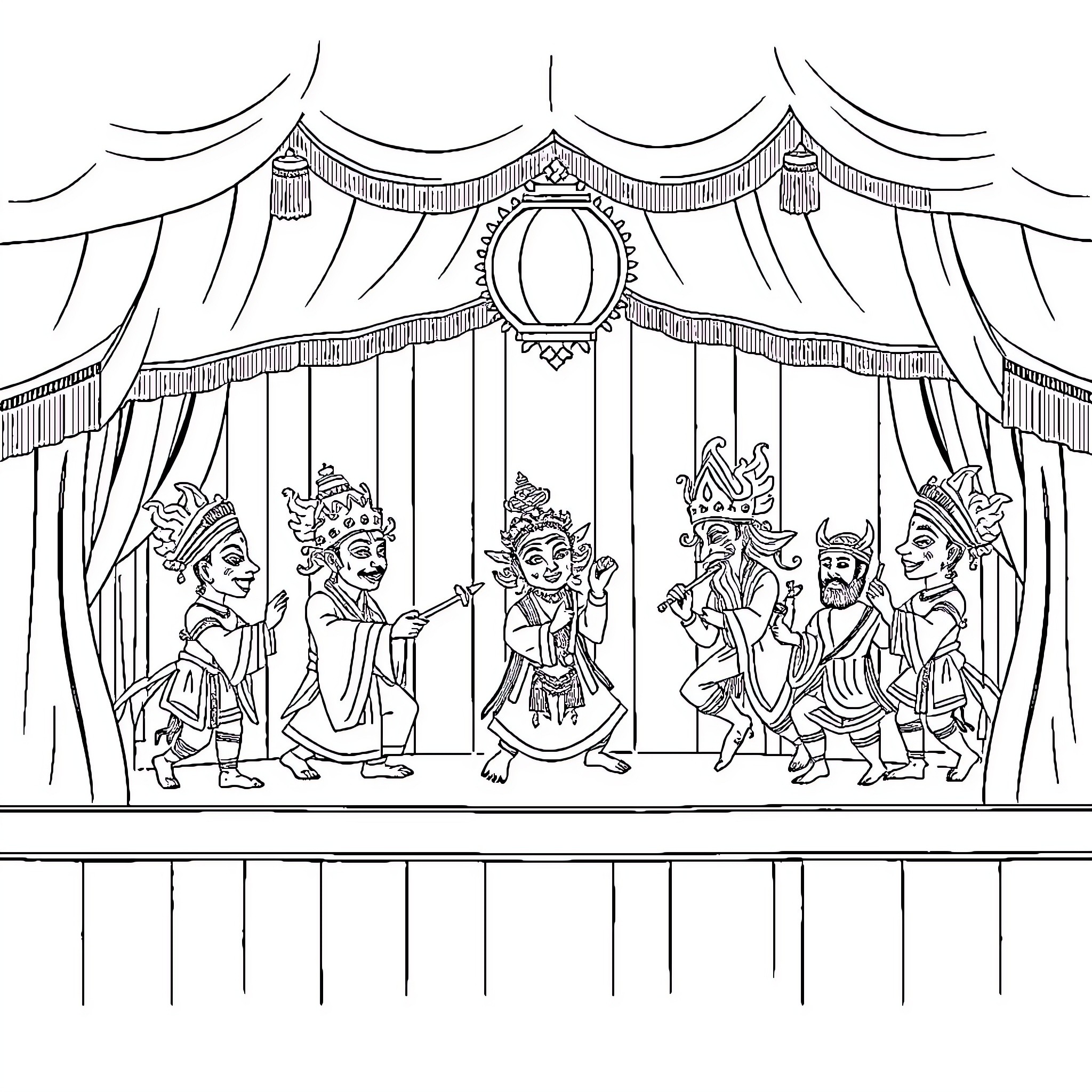 Wayang Puppet Performance on Stage Coloring Page (free black-and-white line drawing printable PDF for all, from beginners to advanced learners, including children, teens, adults, and seniors)