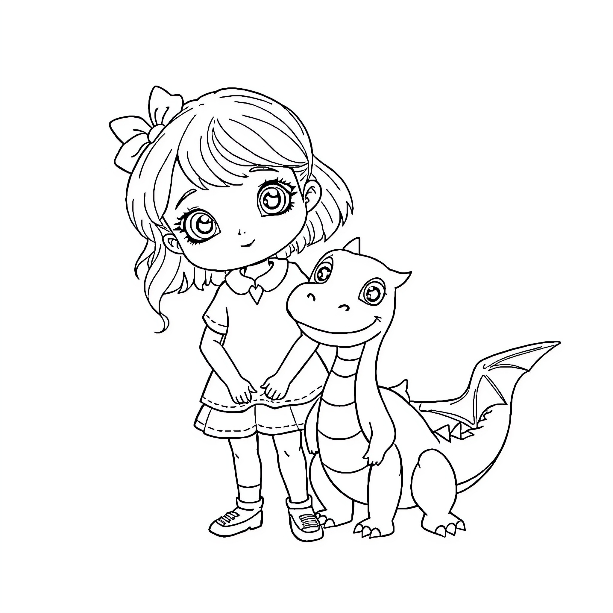 Girl playing with a cute dragon Coloring Page (free black-and-white line drawing printable PDF for all, from beginners to advanced learners, including children, teens, adults, and seniors)