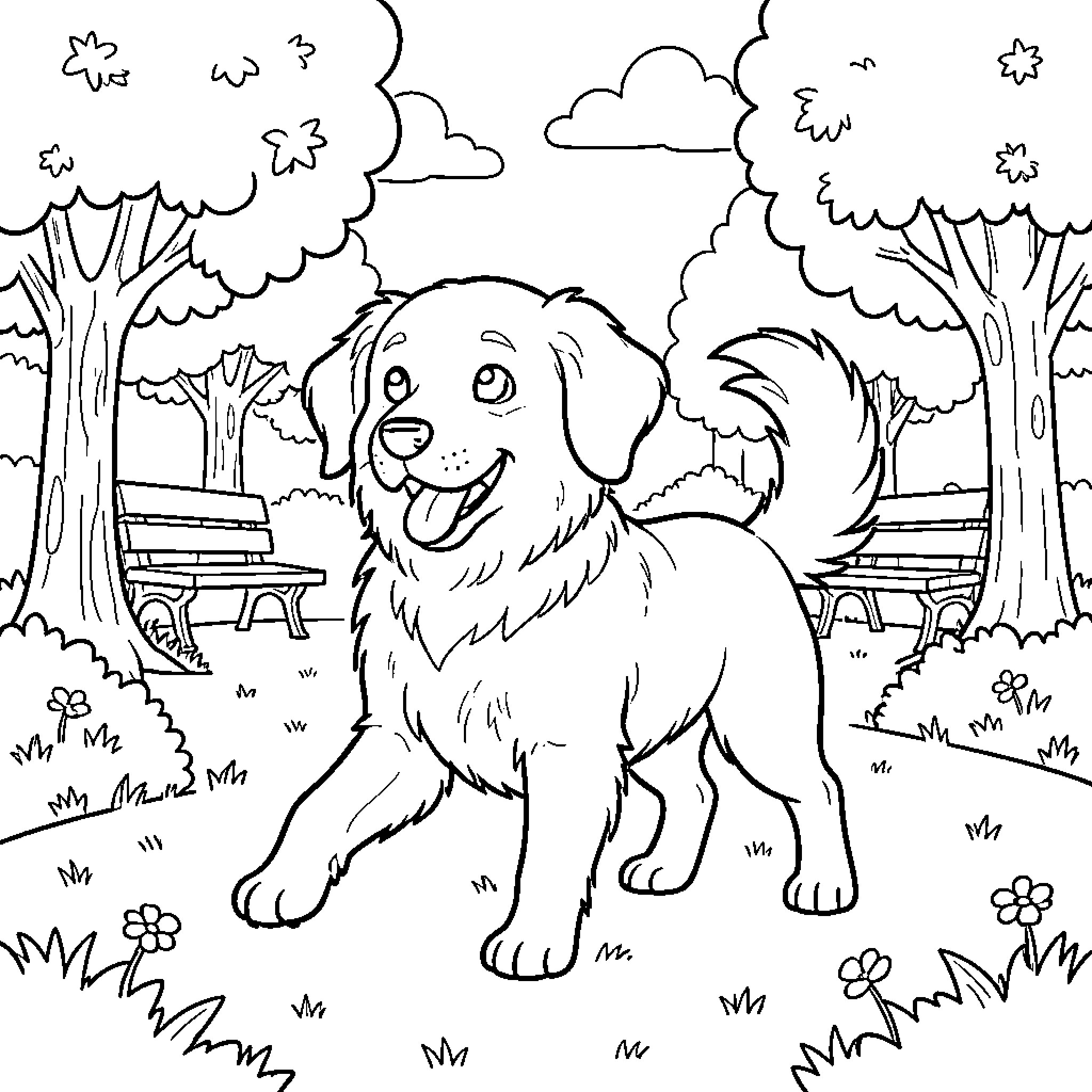 Dog playing happily in the park Coloring Page (free black-and-white line drawing printable PDF for all, from beginners to advanced learners, including children, teens, adults, and seniors)