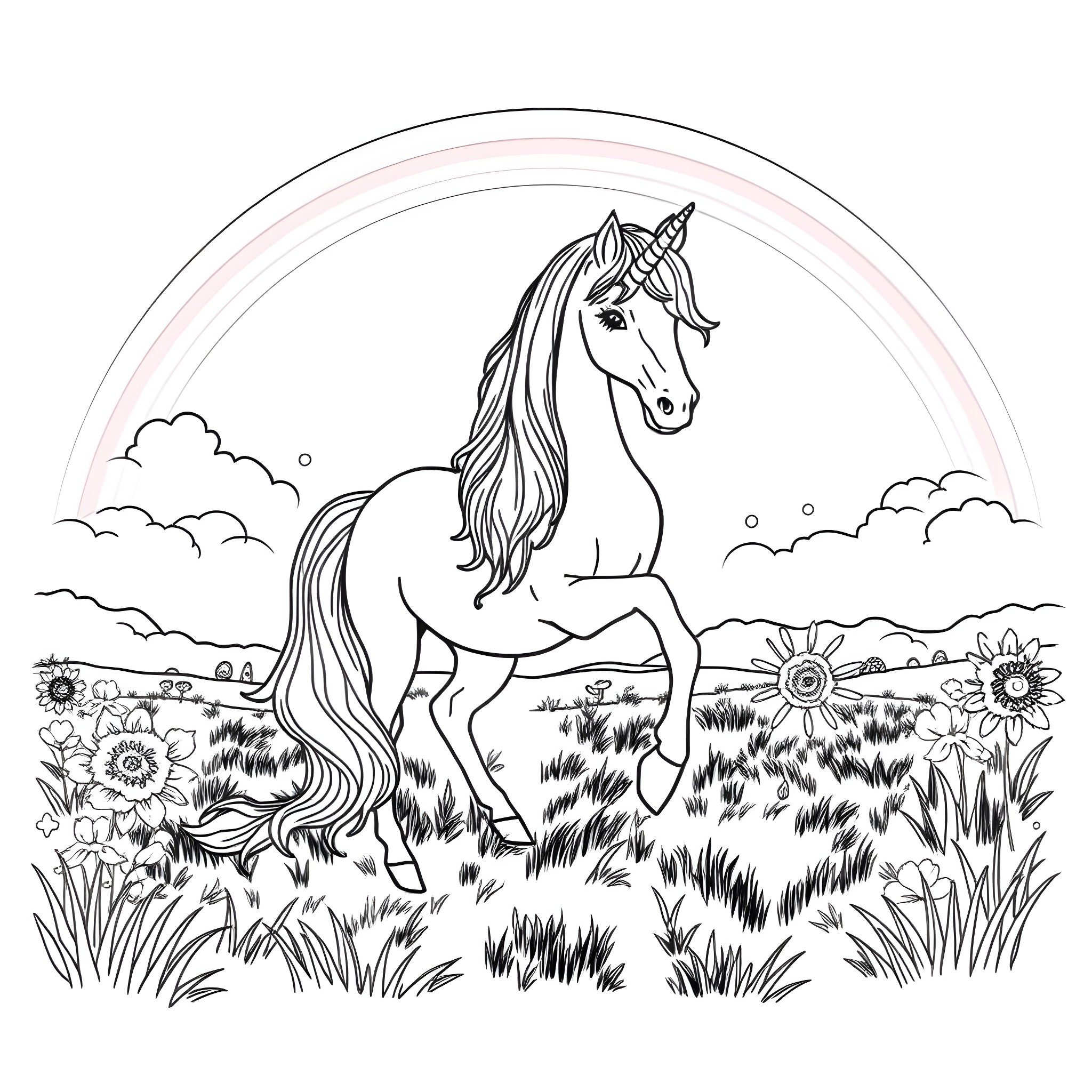 Unicorn Frolicking in Magical Meadow Coloring Page (free black-and-white line drawing printable PDF for all, from beginners to advanced learners, including children, teens, adults, and seniors)