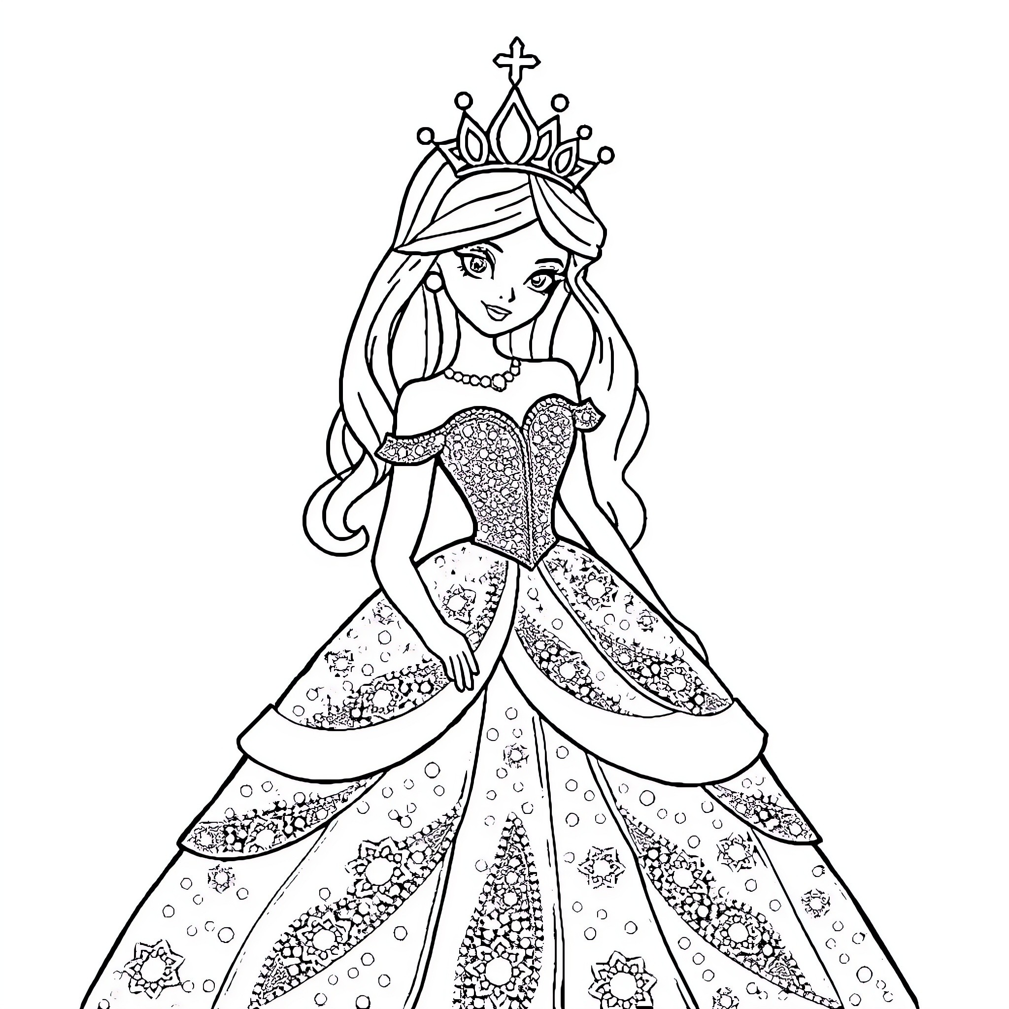 Princess in Elegant Sparkly Gown and Crown Coloring Page (free black-and-white line drawing printable PDF for all, from beginners to advanced learners, including children, teens, adults, and seniors)