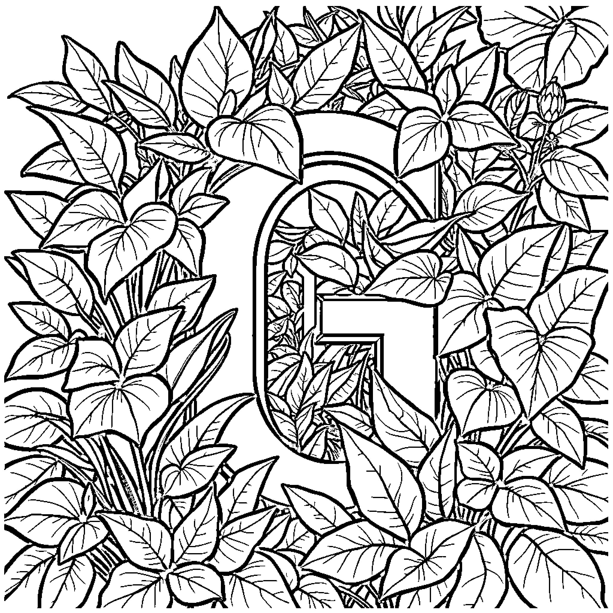 Grapevine surrounded by lush foliage Coloring Page (free black-and-white line drawing printable PDF for all, from beginners to advanced learners, including children, teens, adults, and seniors)