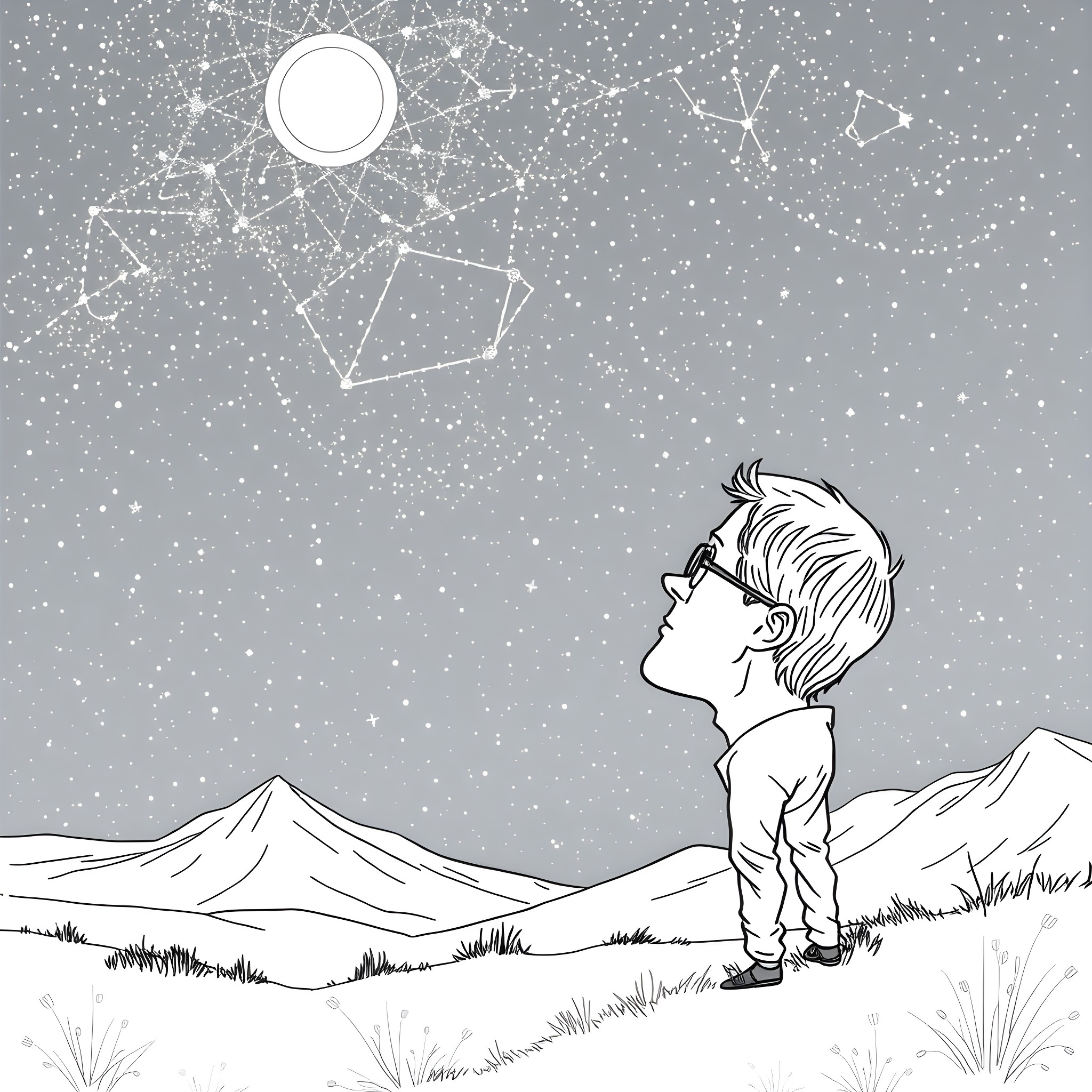 George Lemaître gazing at the starry night sky Coloring Page (free black-and-white line drawing printable PDF for all, from beginners to advanced learners, including children, teens, adults, and seniors)