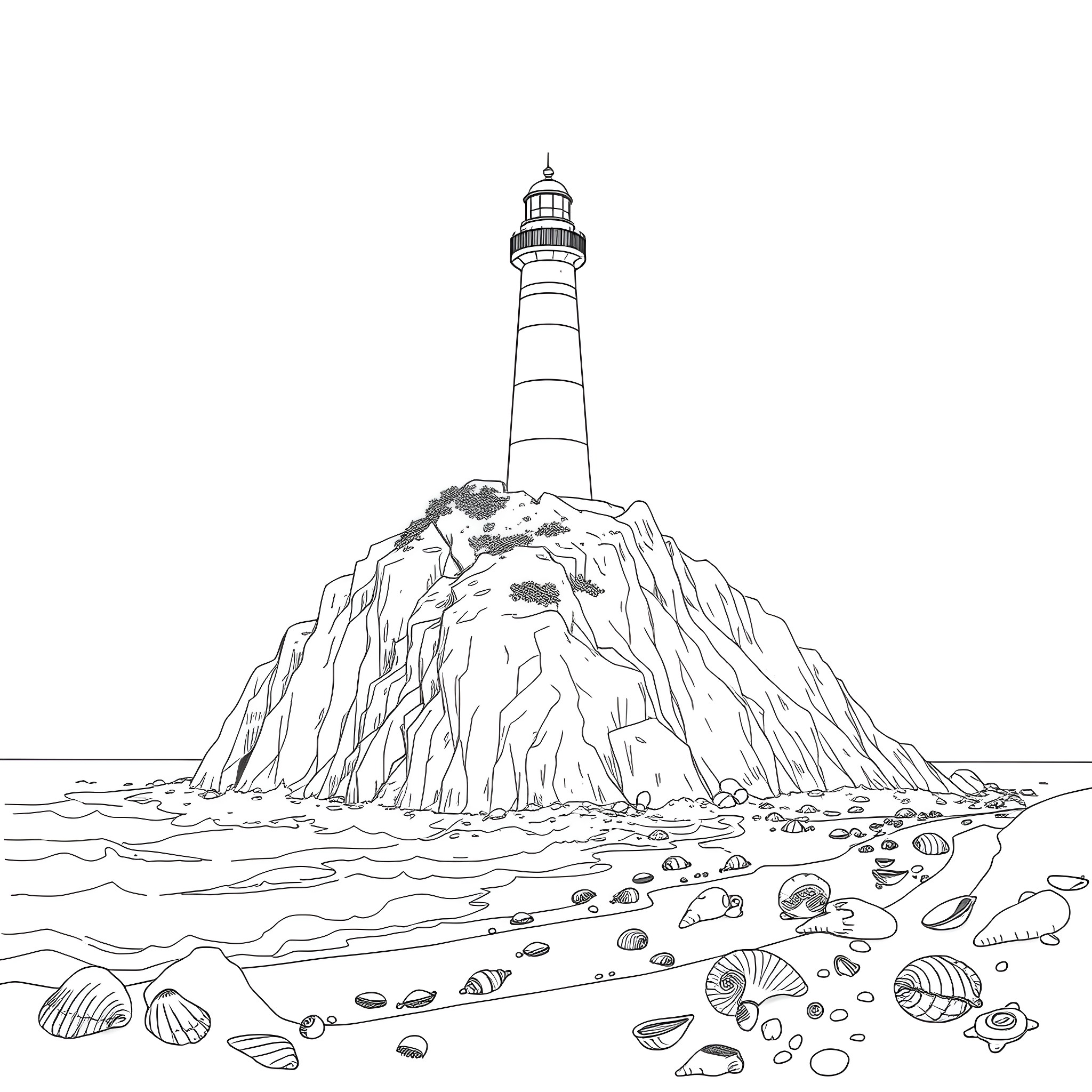 Lighthouse overlooking a rocky coastal scene Coloring Page (free black-and-white line drawing printable PDF for all, from beginners to advanced learners, including children, teens, adults, and seniors)