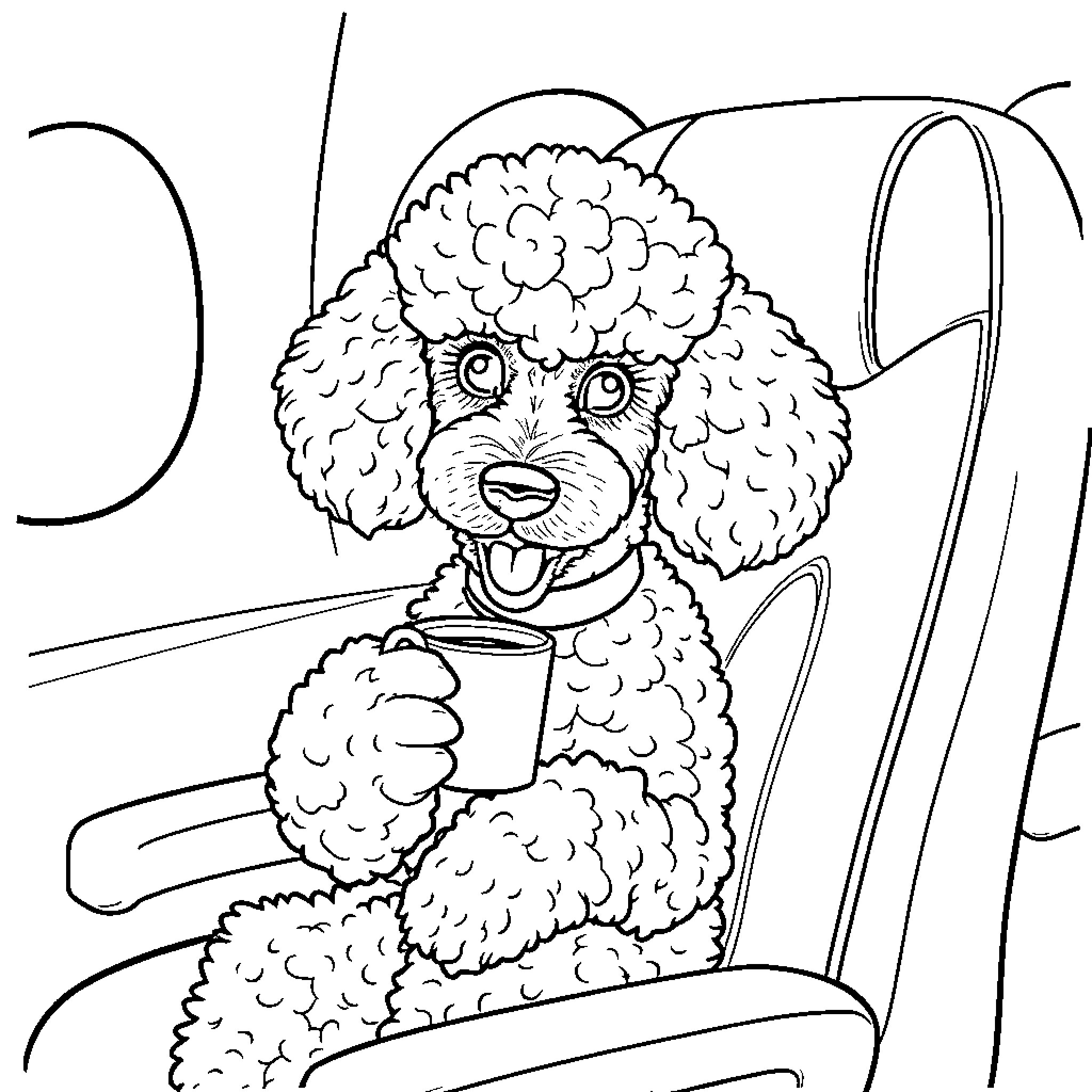 Poodle enjoying a hot beverage in a cozy chair Coloring Page (free black-and-white line drawing printable PDF for all, from beginners to advanced learners, including children, teens, adults, and seniors)