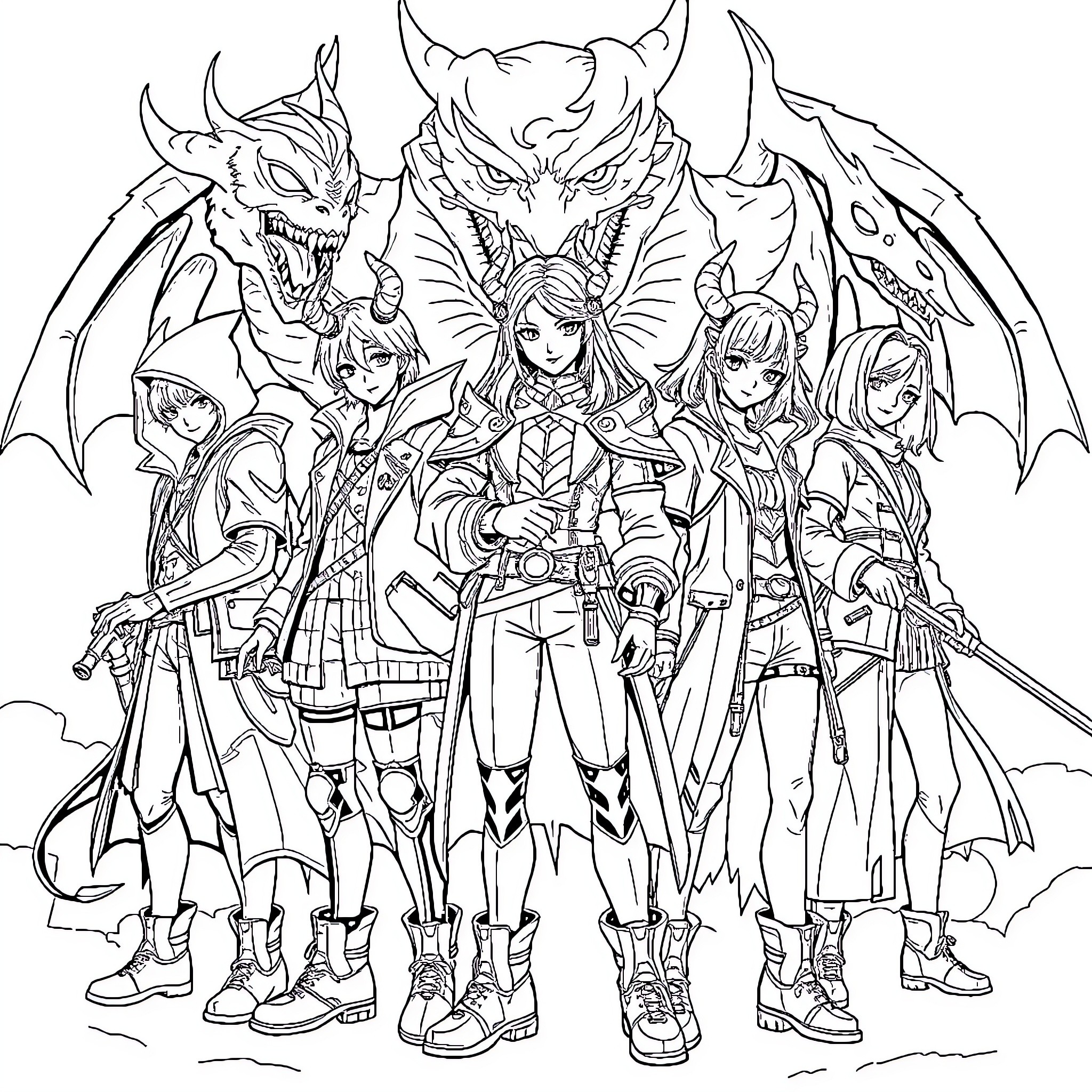 Kpop Demon Hunter Squad with Fearsome Monsters Coloring Page (free black-and-white line drawing printable PDF for all, from beginners to advanced learners, including children, teens, adults, and seniors)