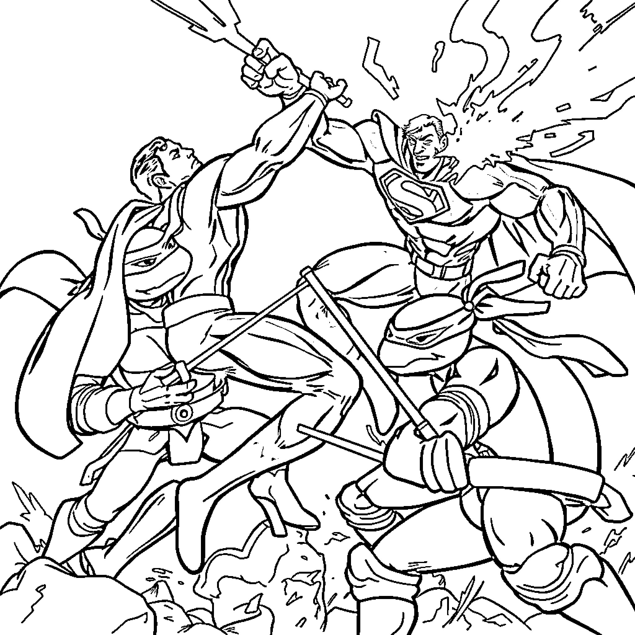 Superman battling supervillain in dramatic confrontation Coloring Page (free black-and-white line drawing printable PDF for all, from beginners to advanced learners, including children, teens, adults, and seniors)