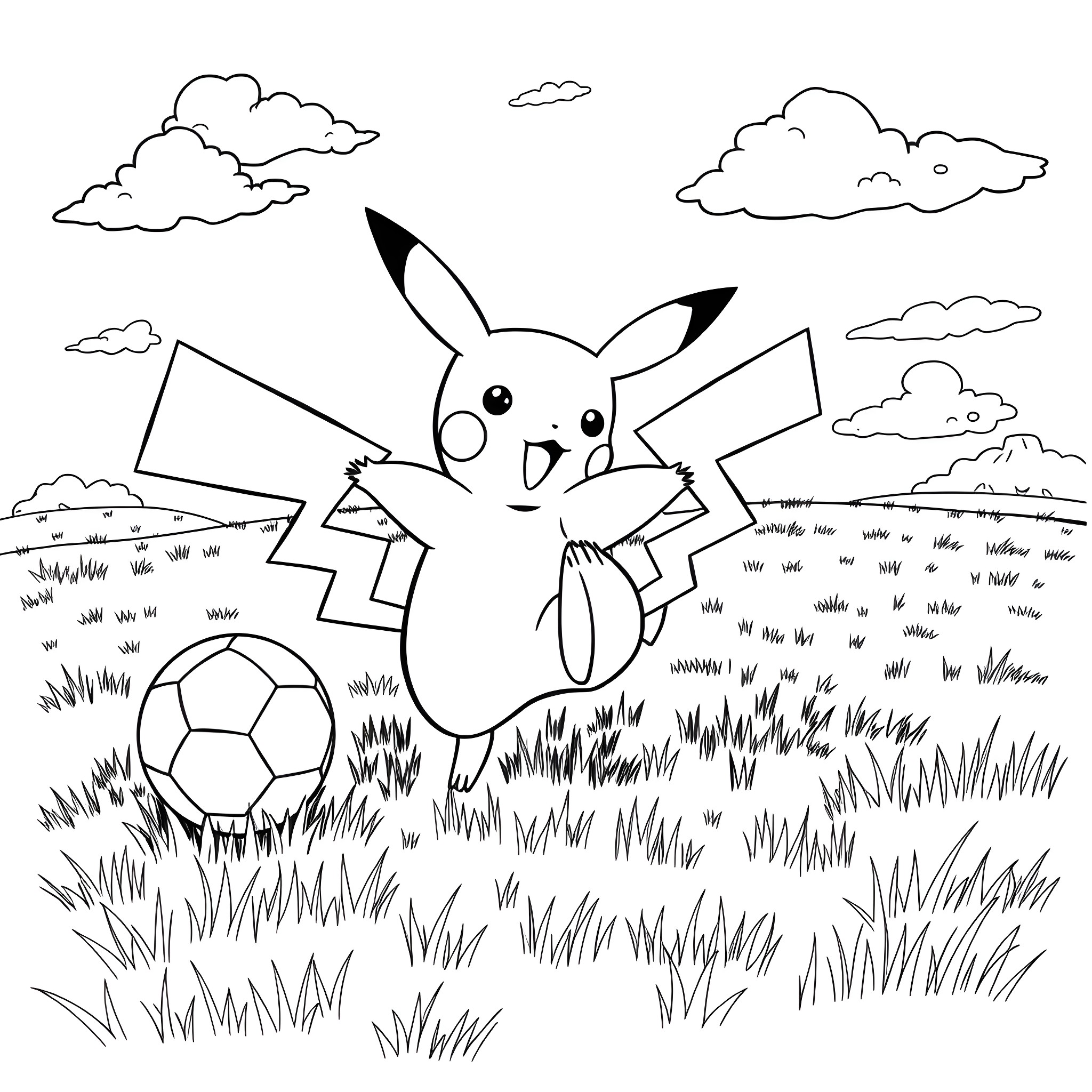 Pikachu playing with a soccer ball in the field Coloring Page (free black-and-white line drawing printable PDF for all, from beginners to advanced learners, including children, teens, adults, and seniors)