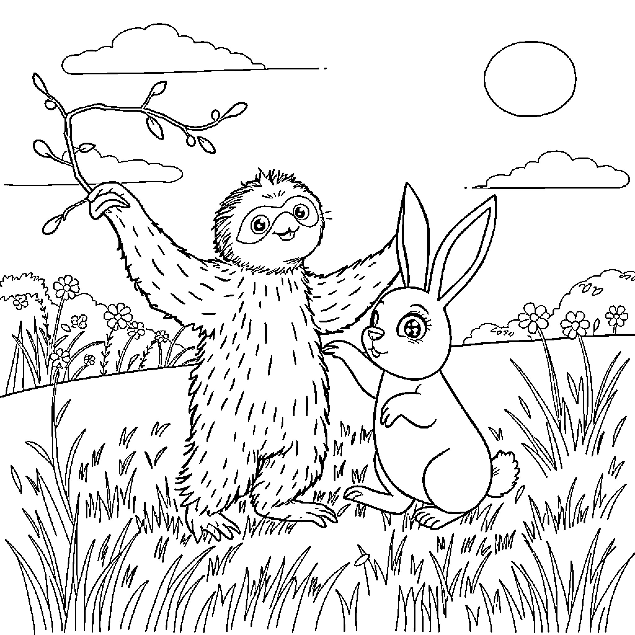 Sloth and Rabbit Enjoying Nature Together Coloring Page (free black-and-white line drawing printable PDF for all, from beginners to advanced learners, including children, teens, adults, and seniors)