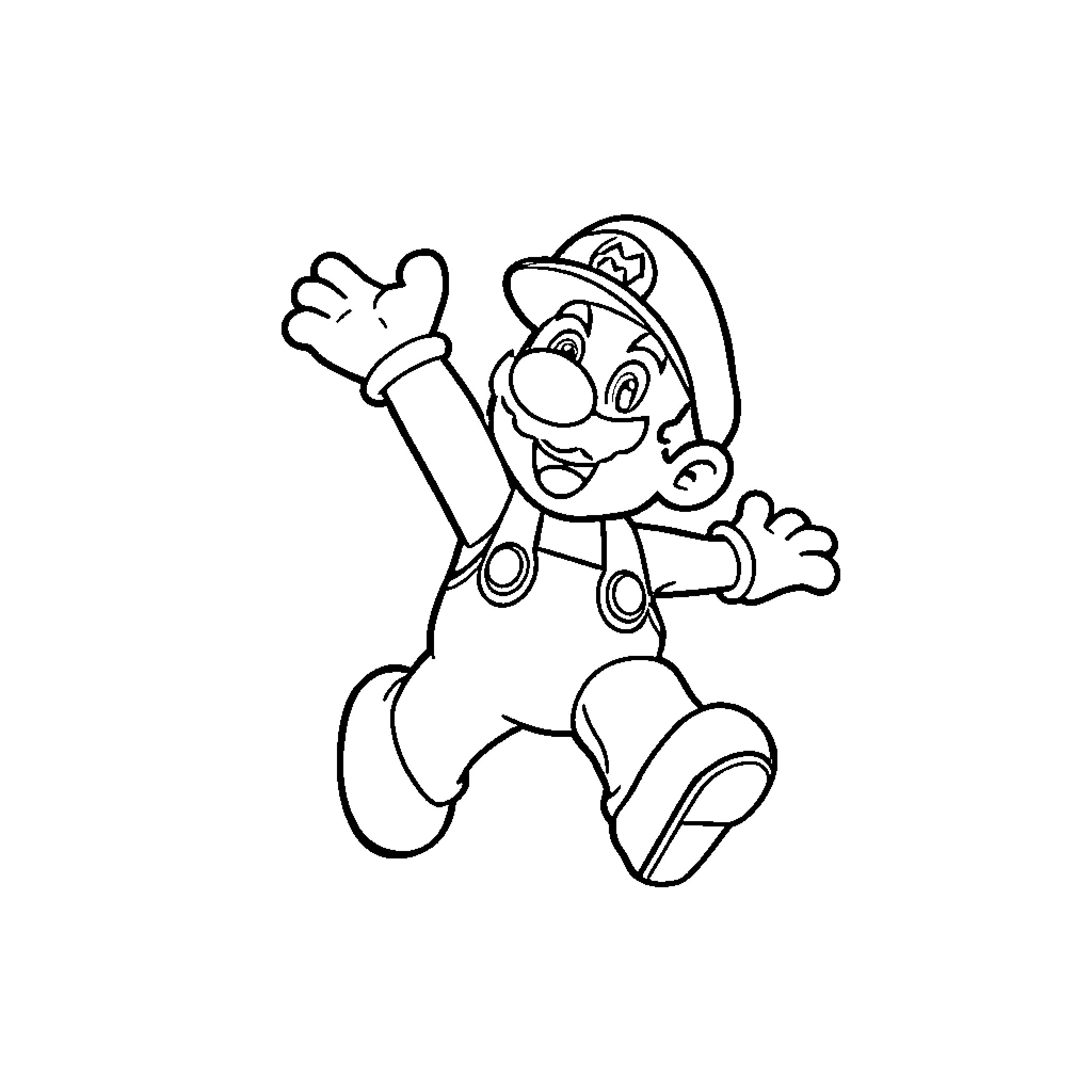 Mario jumping happily in his iconic outfit Coloring Page (free black-and-white line drawing printable PDF for all, from beginners to advanced learners, including children, teens, adults, and seniors)