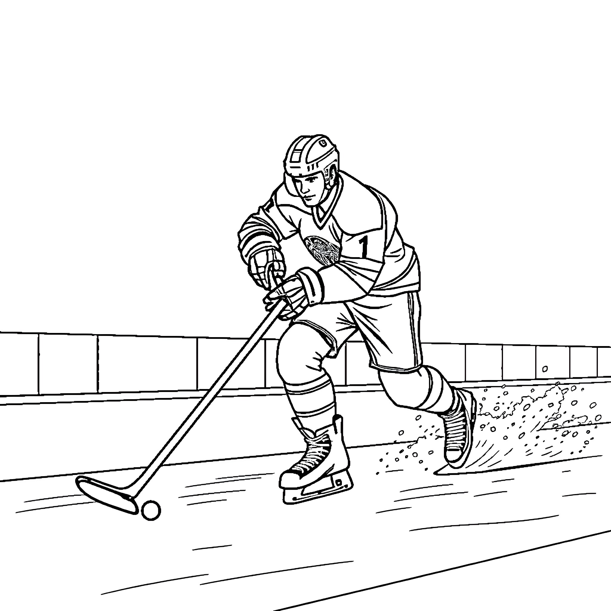 Hockey Player Skating on Ice with Stick Coloring Page (free black-and-white line drawing printable PDF for all, from beginners to advanced learners, including children, teens, adults, and seniors)