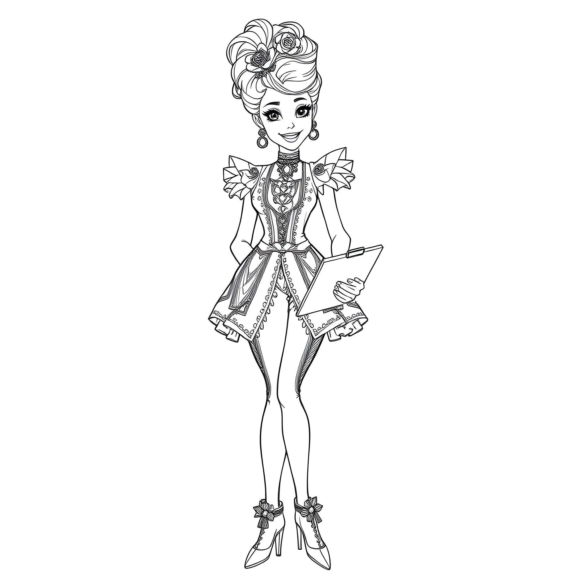 Effie Trinket's Extravagant Ensemble Coloring Page (free black-and-white line drawing printable PDF for all, from beginners to advanced learners, including children, teens, adults, and seniors)